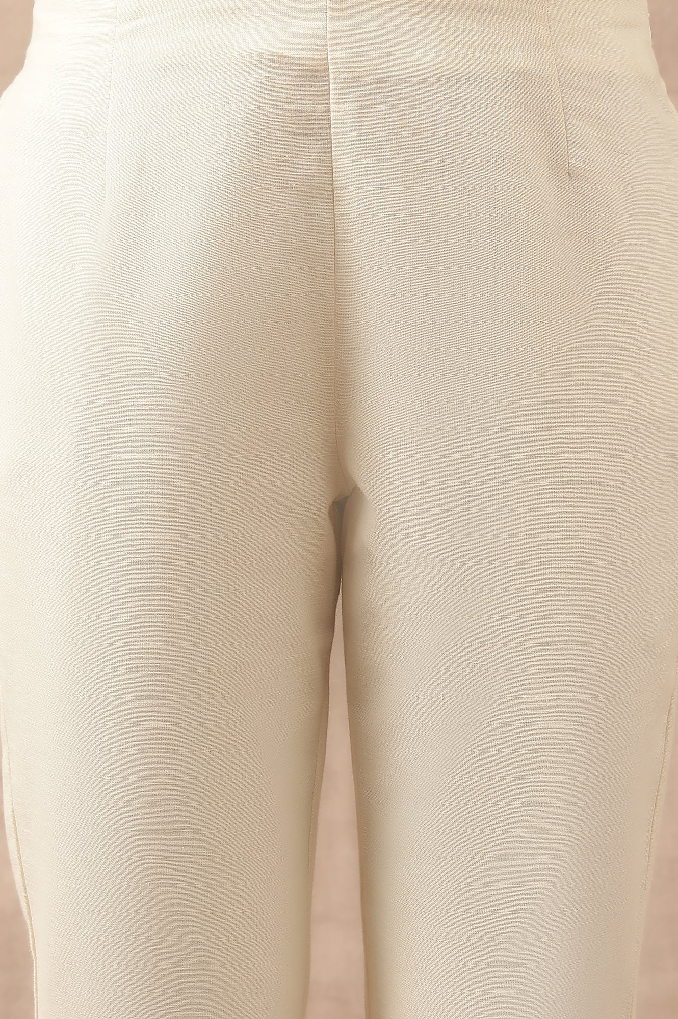 Ecru Solid Slim Pants In Cotton Flax - Image 7