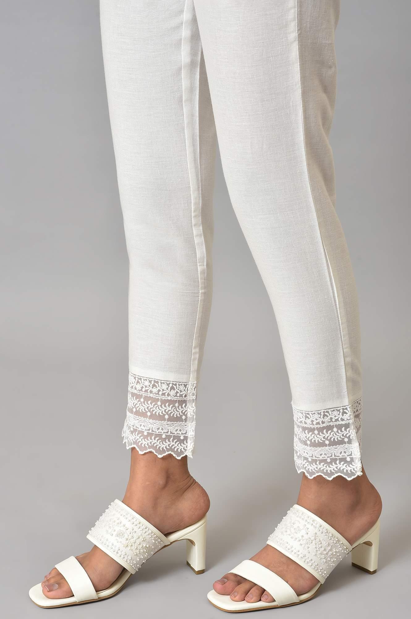 Ecru Solid Slim Pants With Lace - Image 8