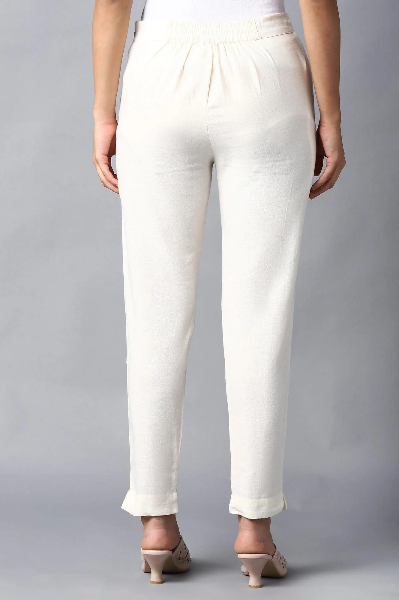 Ecru Solid Slim Pants With Thread Embroidery - Image 2