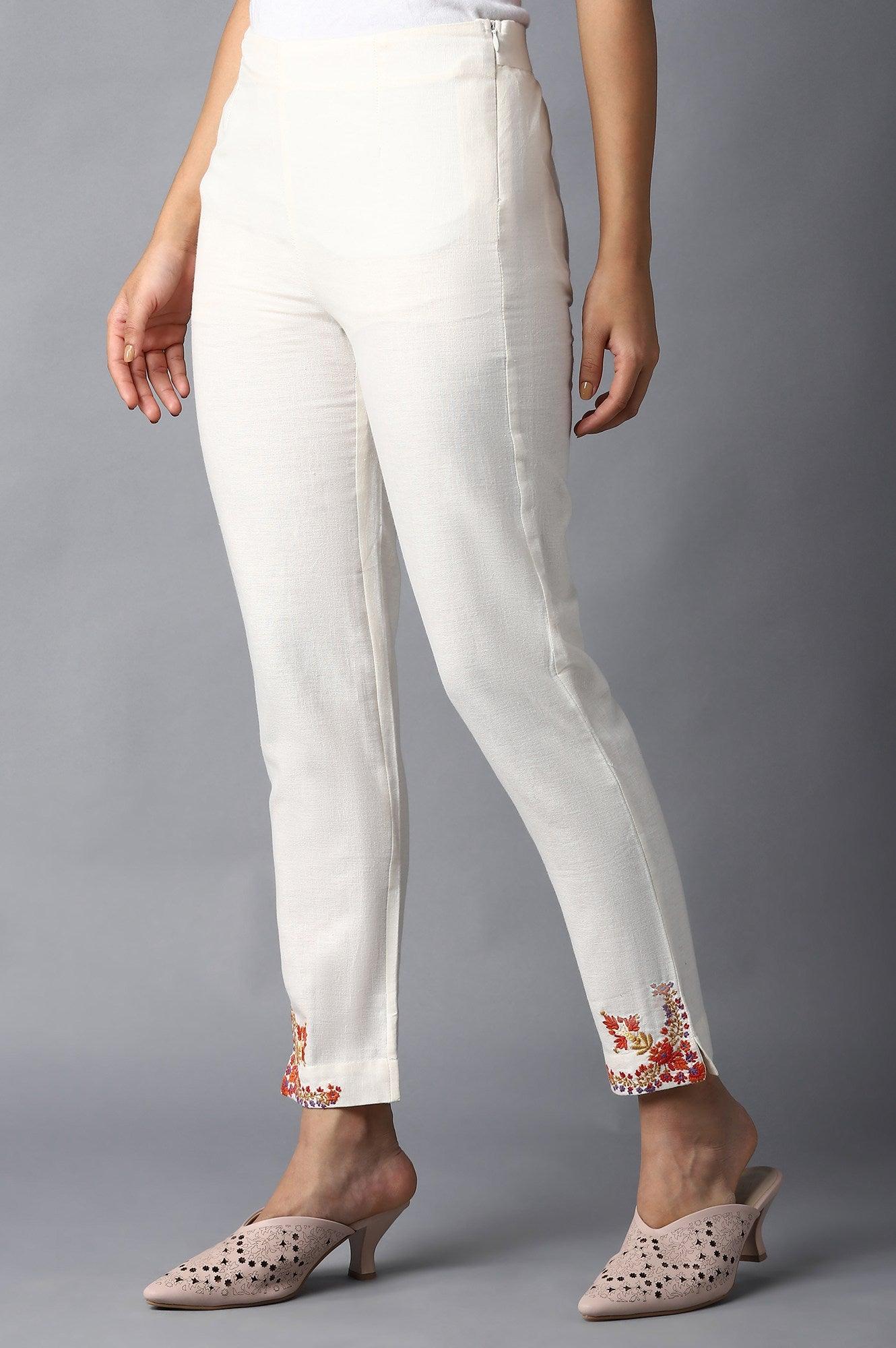 Ecru Solid Slim Pants With Thread Embroidery - Image 3