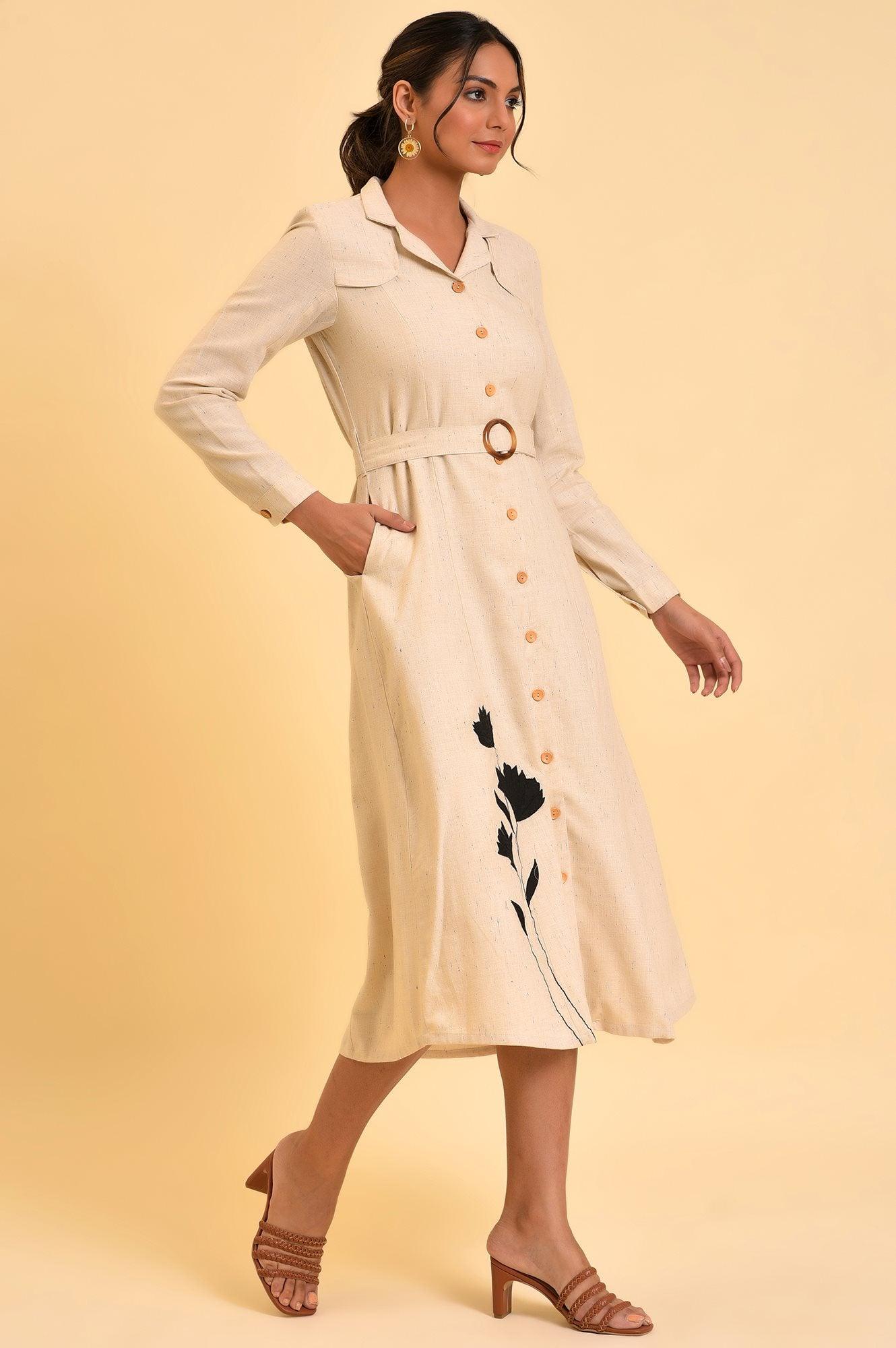 Ecru Solid Trench Dress With Waist Belt - Image 4