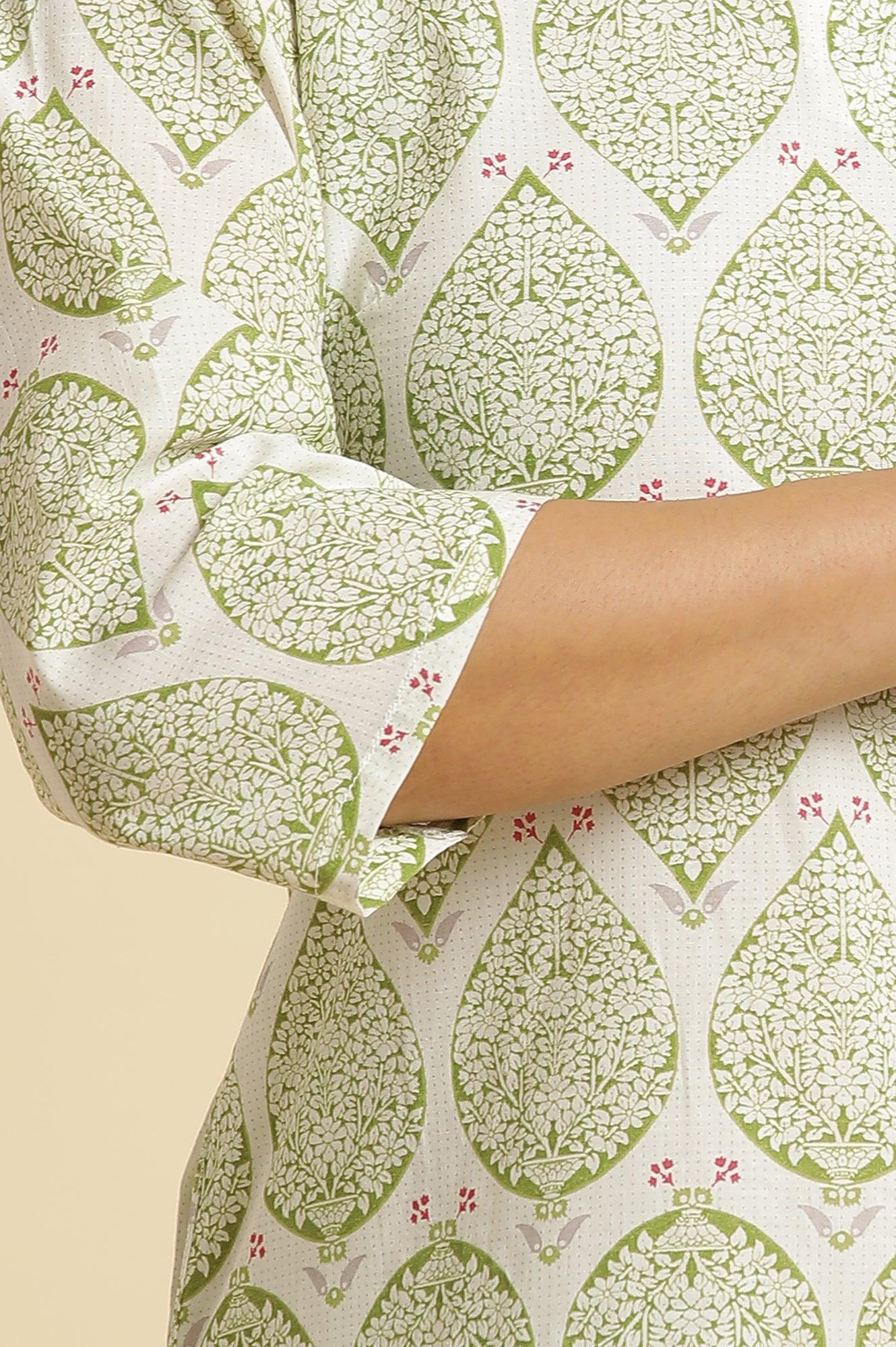 Ecru Straight Cotton Kurta In Green Paisley Print - Image 6