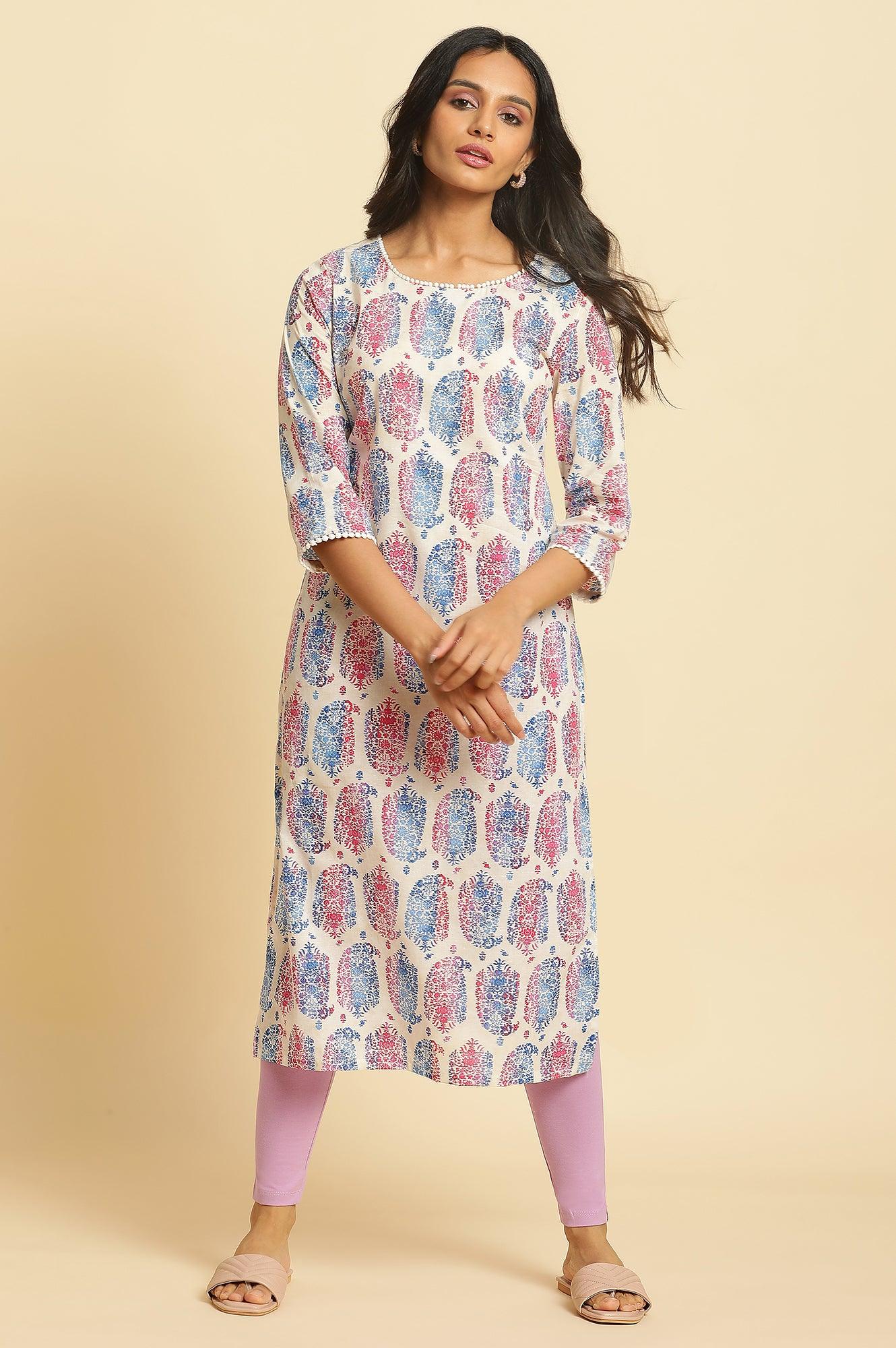 Ecru Straight Kurta In Bright Multi-Coloured Prints - Image 5