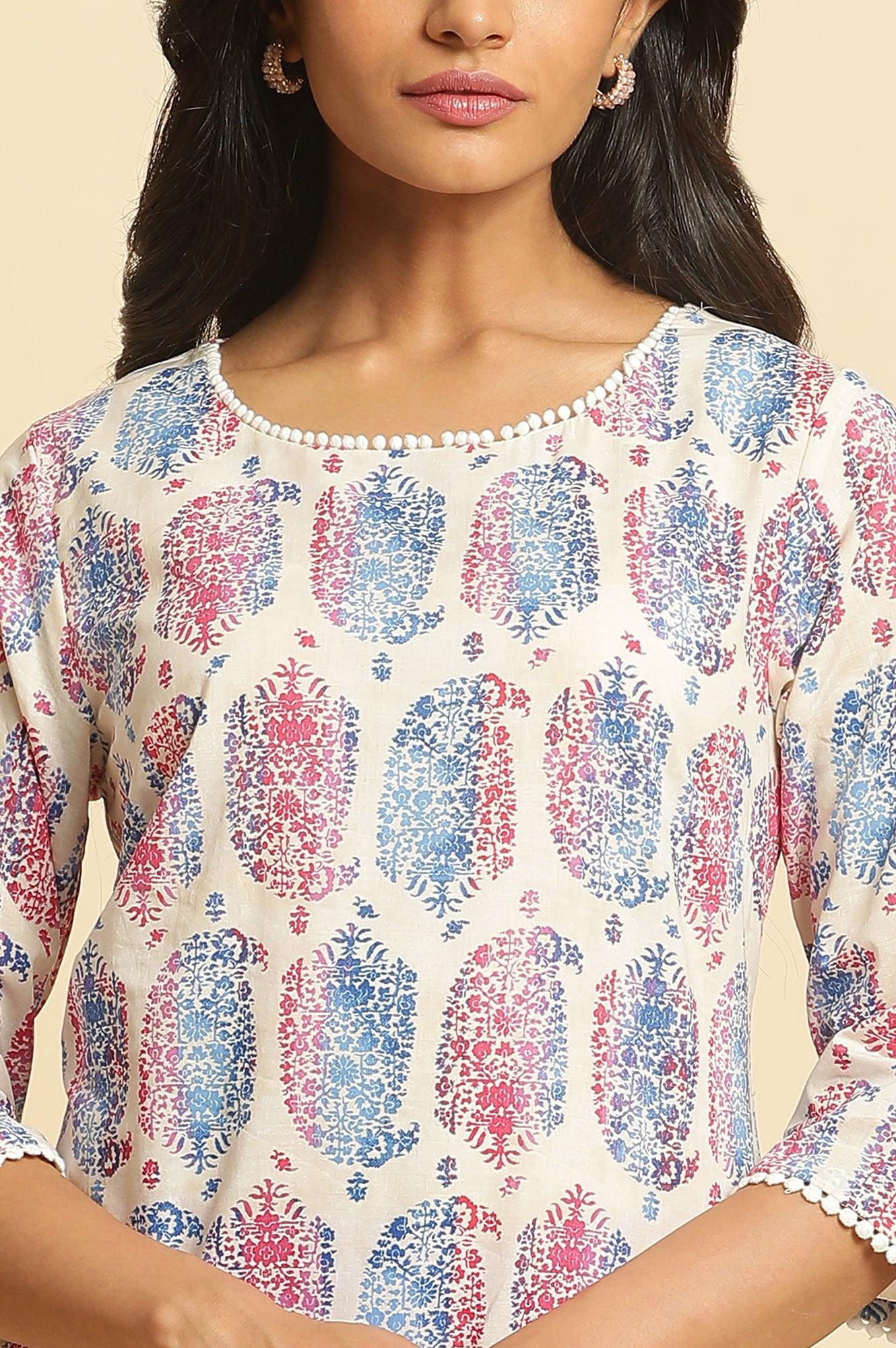 Ecru Straight Kurta In Bright Multi-Coloured Prints - Image 6