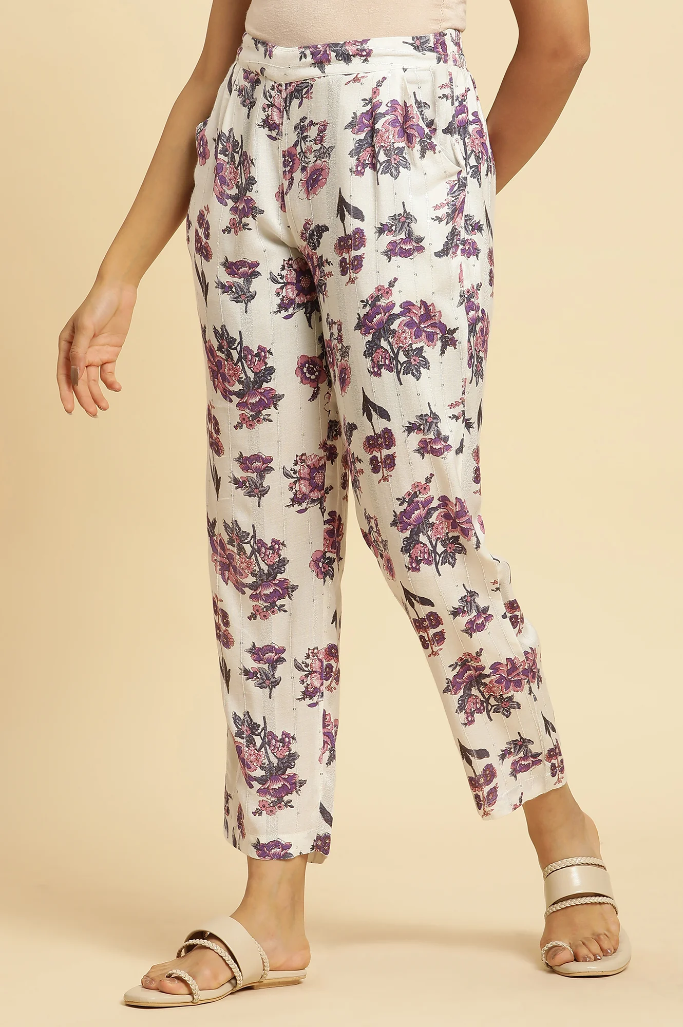 Ecru Straight Pant With Purple Floral Print - Image 2