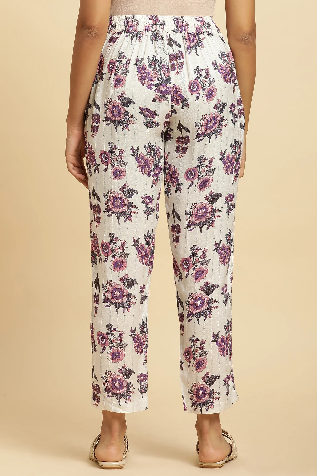 Ecru Straight Pant With Purple Floral Print - Image 3