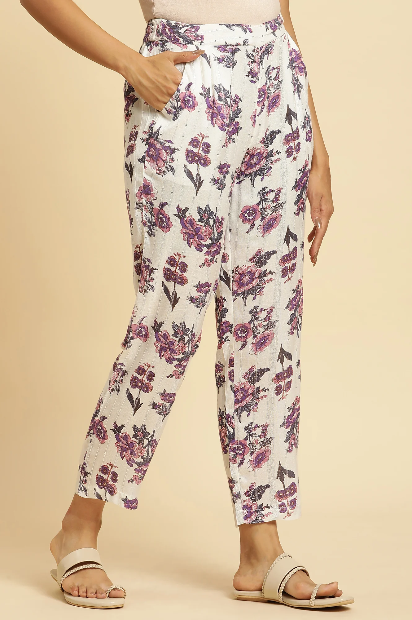 Ecru Straight Pant With Purple Floral Print - Image 4