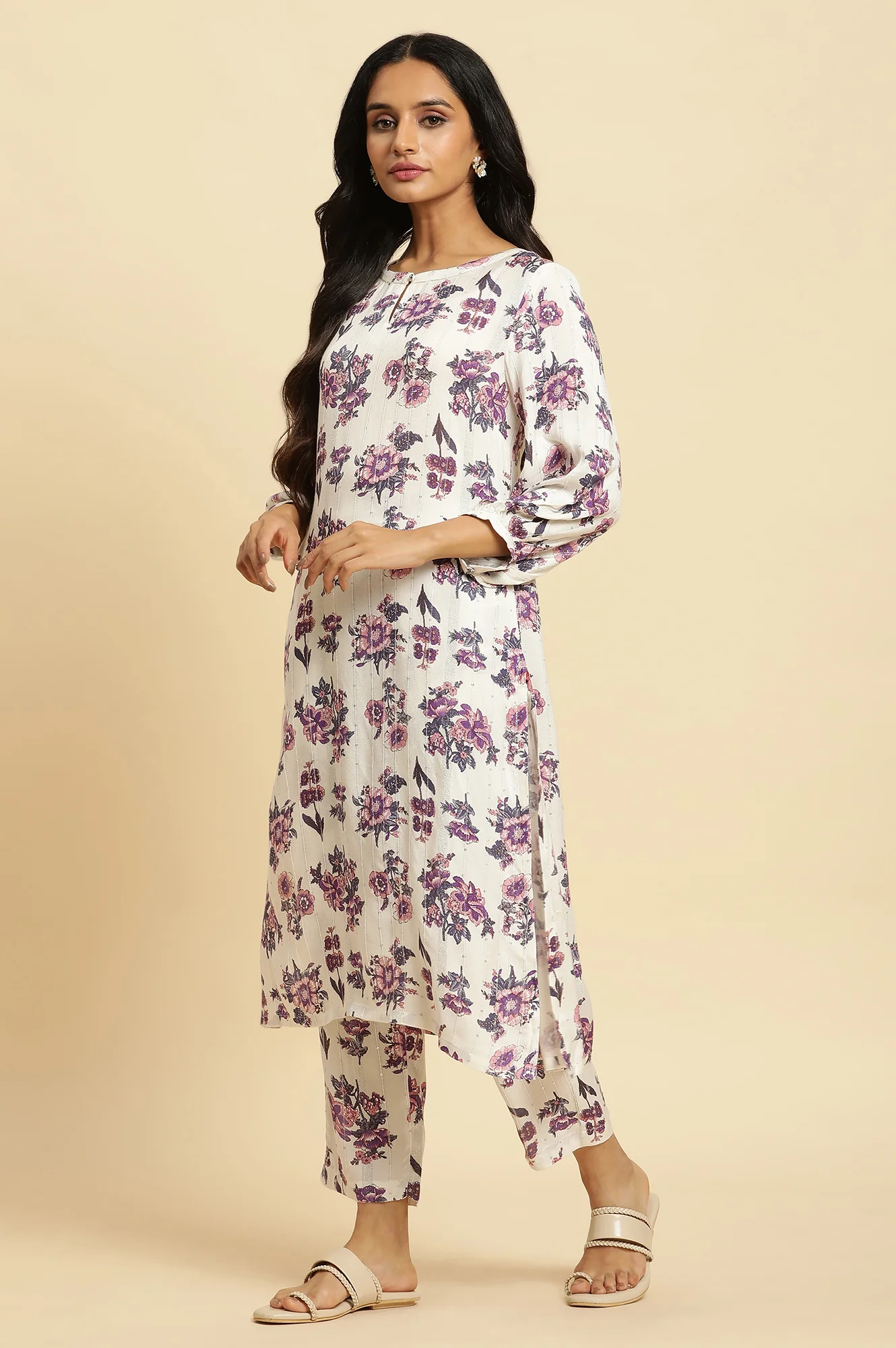 Ecru Straight Pant With Purple Floral Print - Image 5