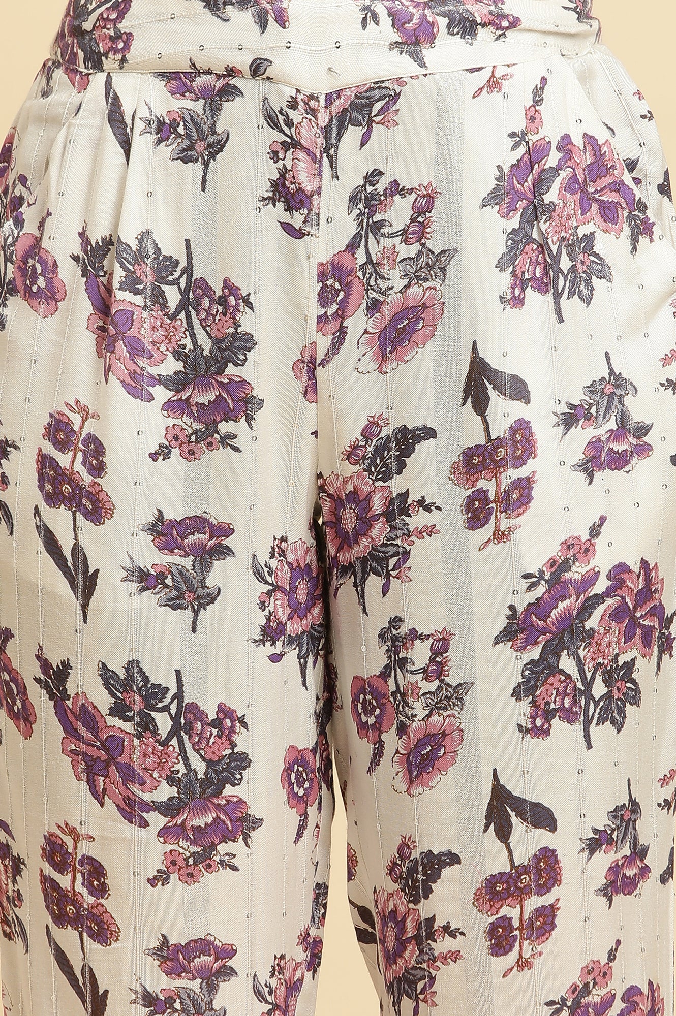 Ecru Straight Pant With Purple Floral Print - Image 6