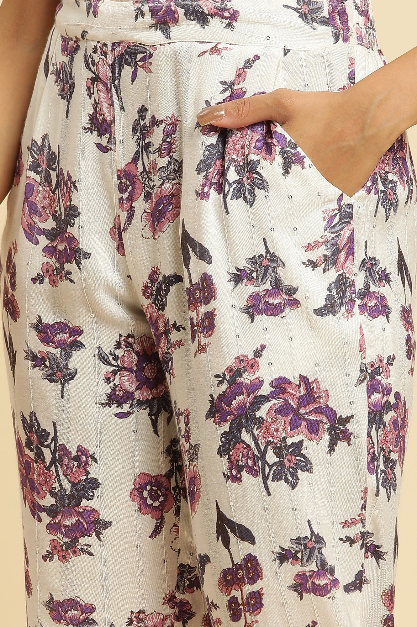 Ecru Straight Pant With Purple Floral Print - Image 7