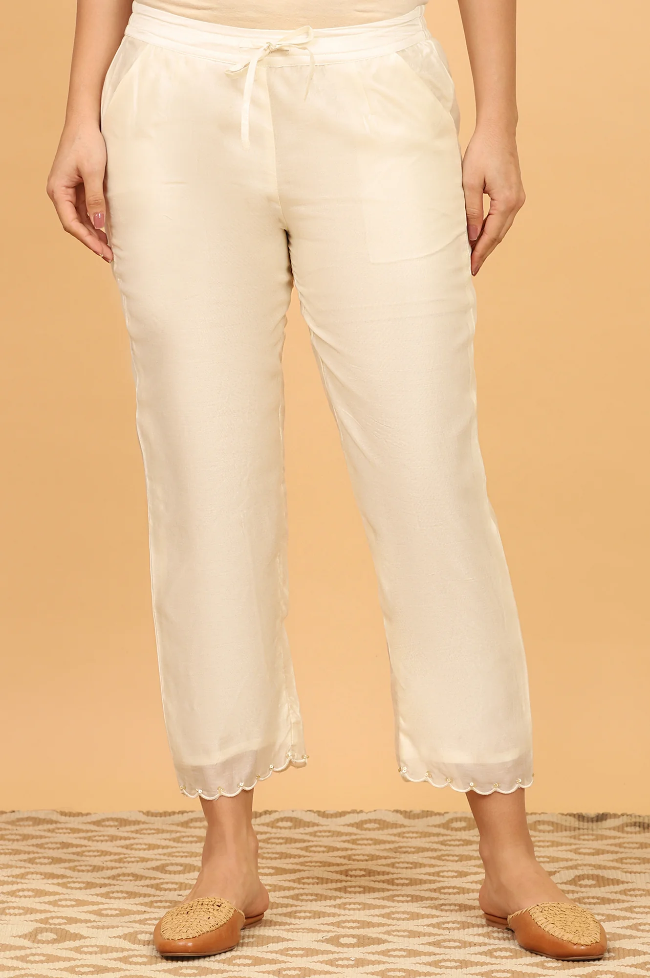 Ecru Straight Pants in Cotton Silk - Image 2