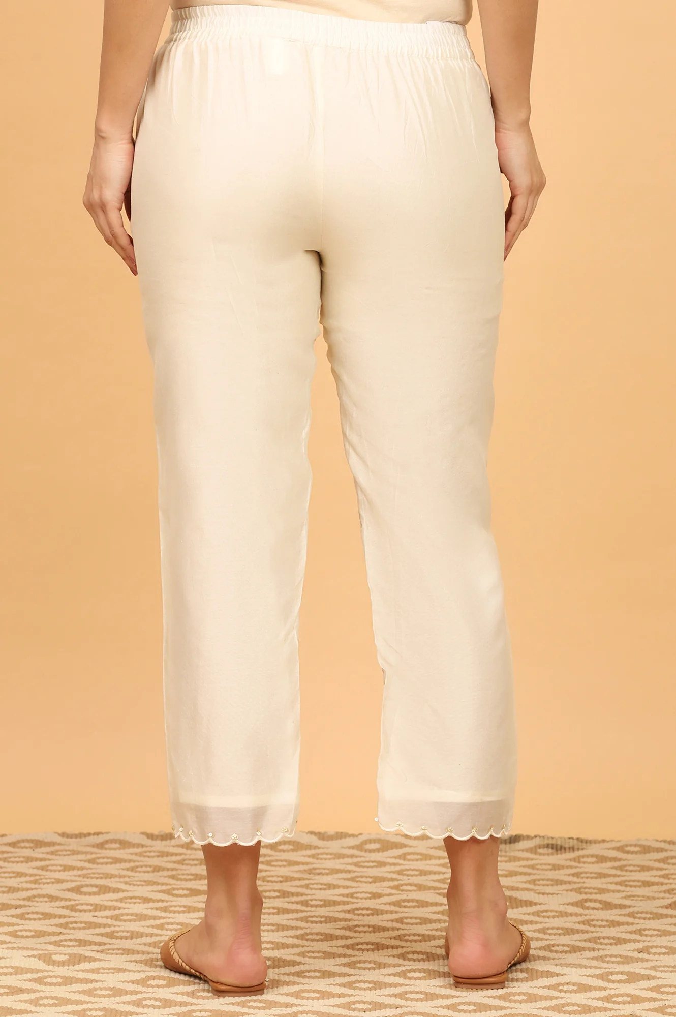 Ecru Straight Pants in Cotton Silk - Image 4