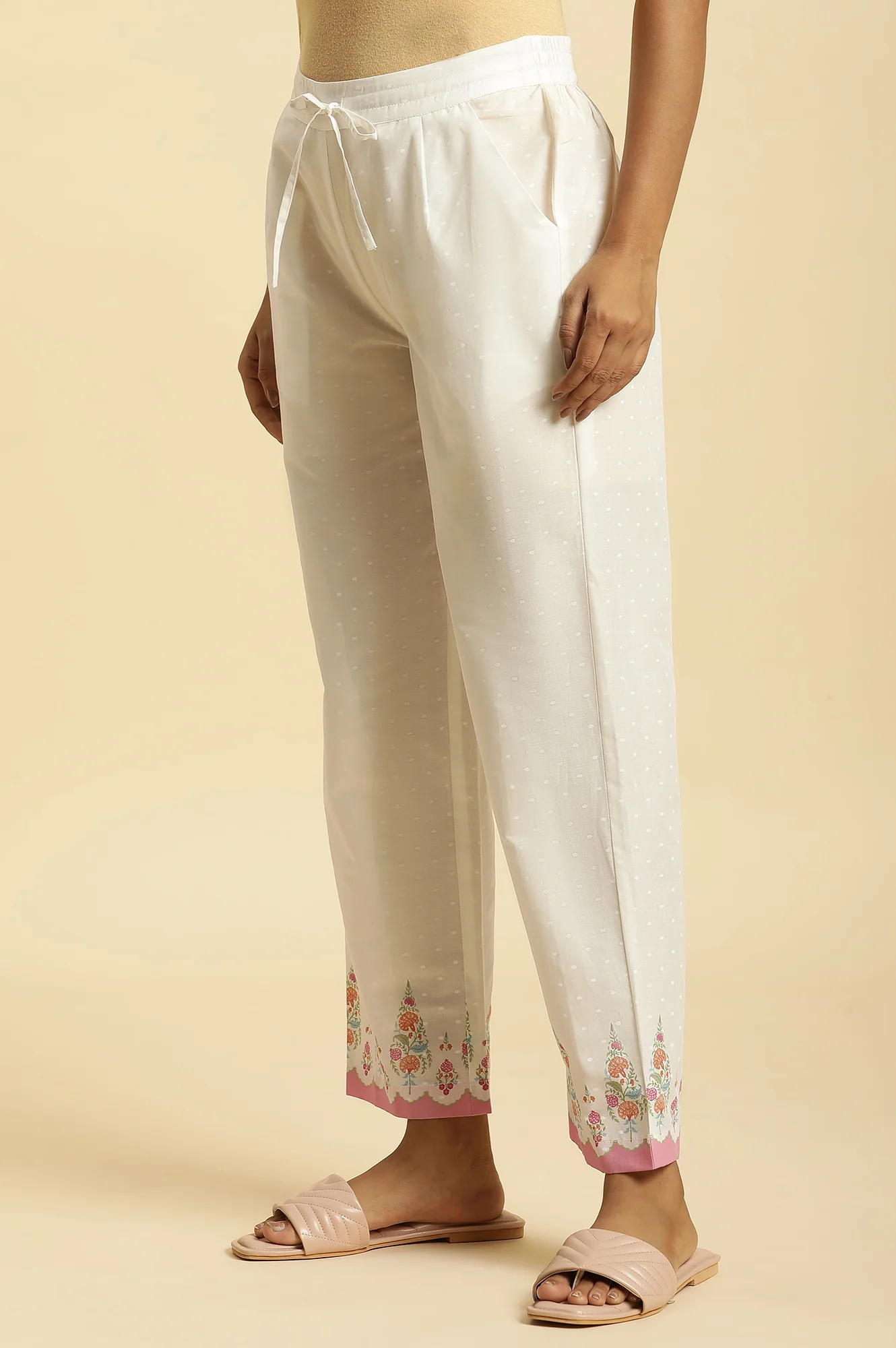 Ecru Straight Pants With Printed Hemline - Image 2