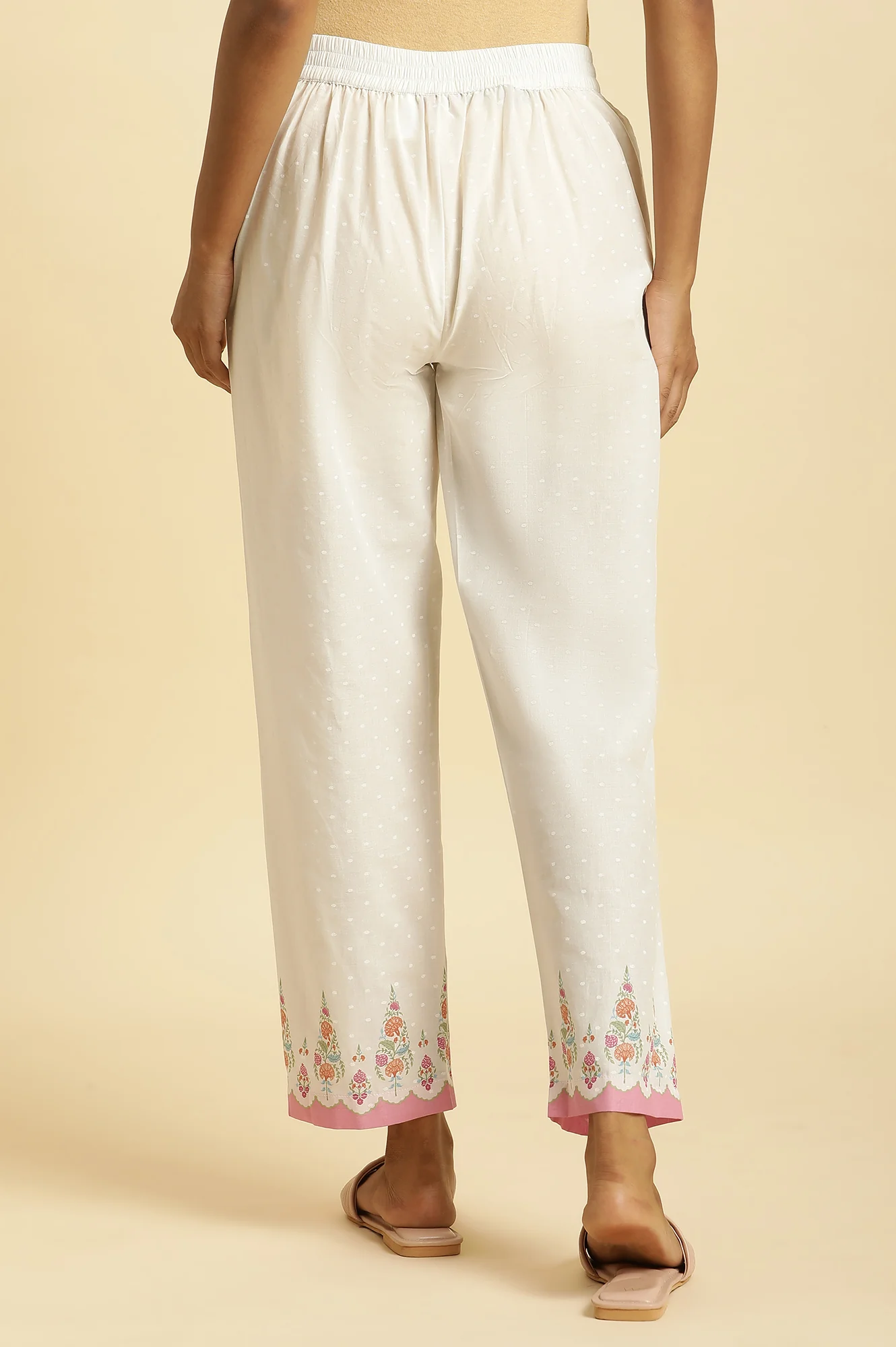 Ecru Straight Pants With Printed Hemline - Image 3