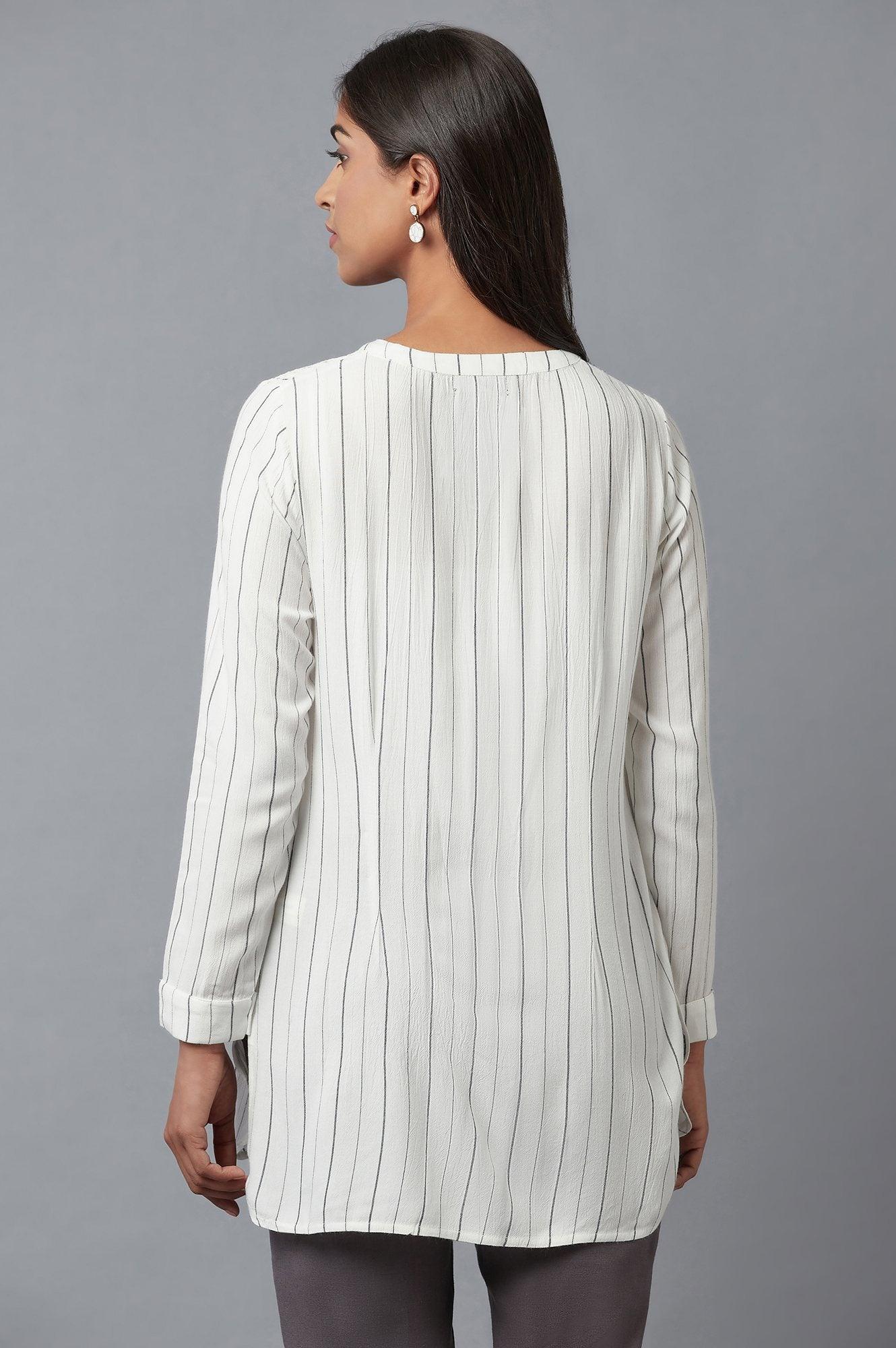 Ecru Stripe Print Western Top In Collared-V Neck - Image 2