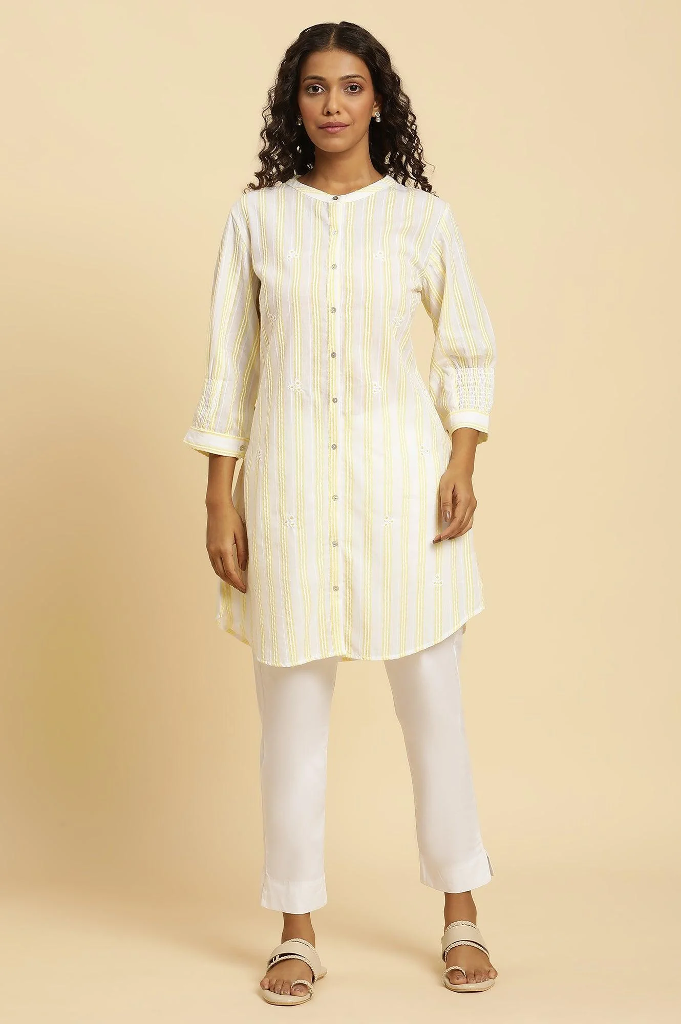 Ecru Stripe Printed Tunic With Floral Thread Embroidery - Image 2