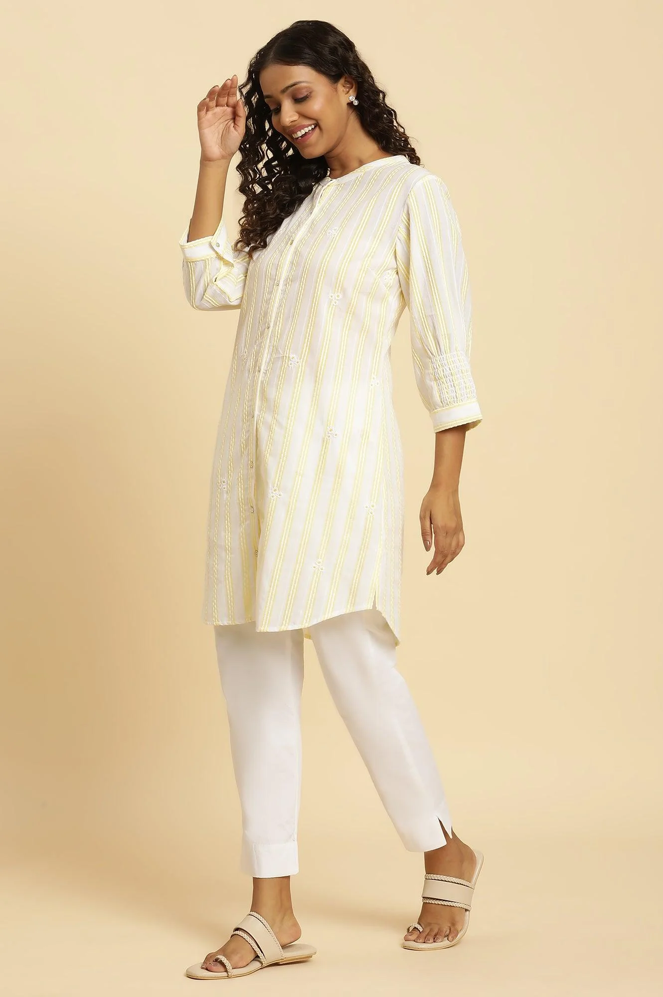 Ecru Stripe Printed Tunic With Floral Thread Embroidery - Image 3
