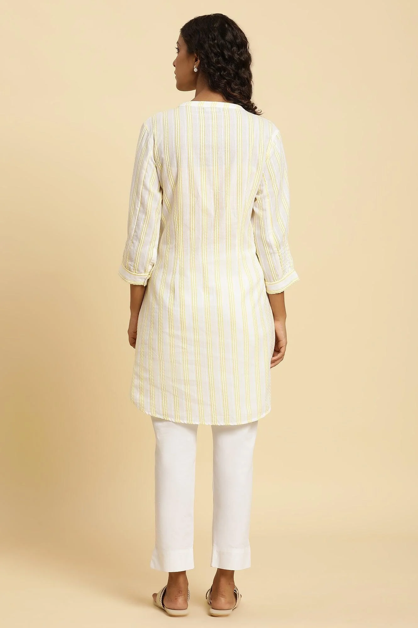 Ecru Stripe Printed Tunic With Floral Thread Embroidery - Image 4