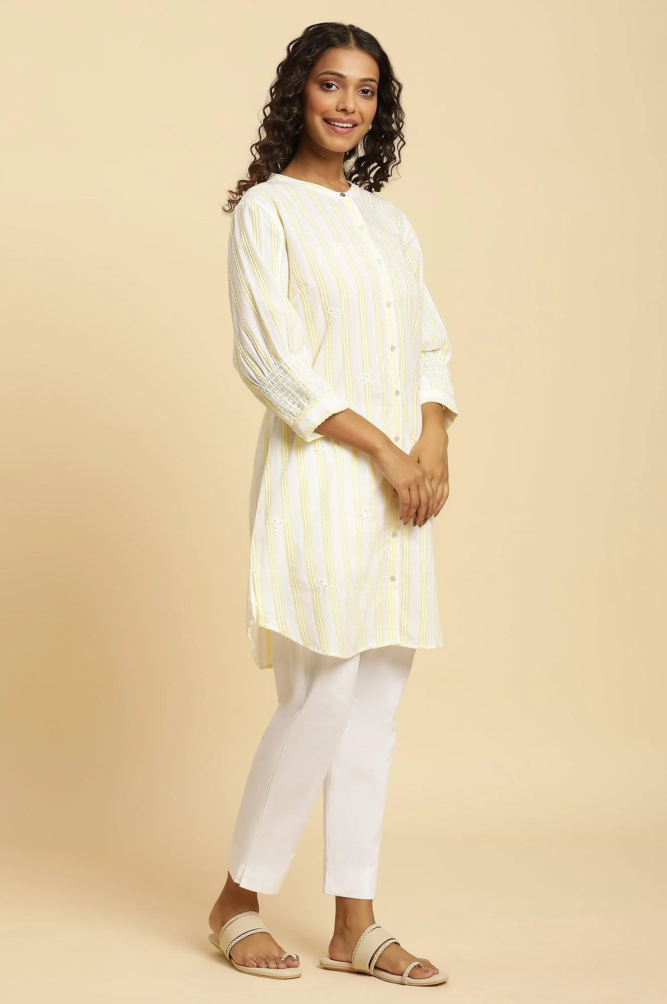 Ecru Stripe Printed Tunic With Floral Thread Embroidery - Image 5