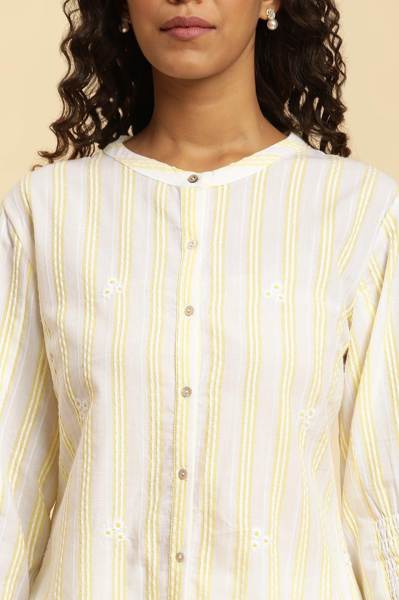 Ecru Stripe Printed Tunic With Floral Thread Embroidery - Image 6