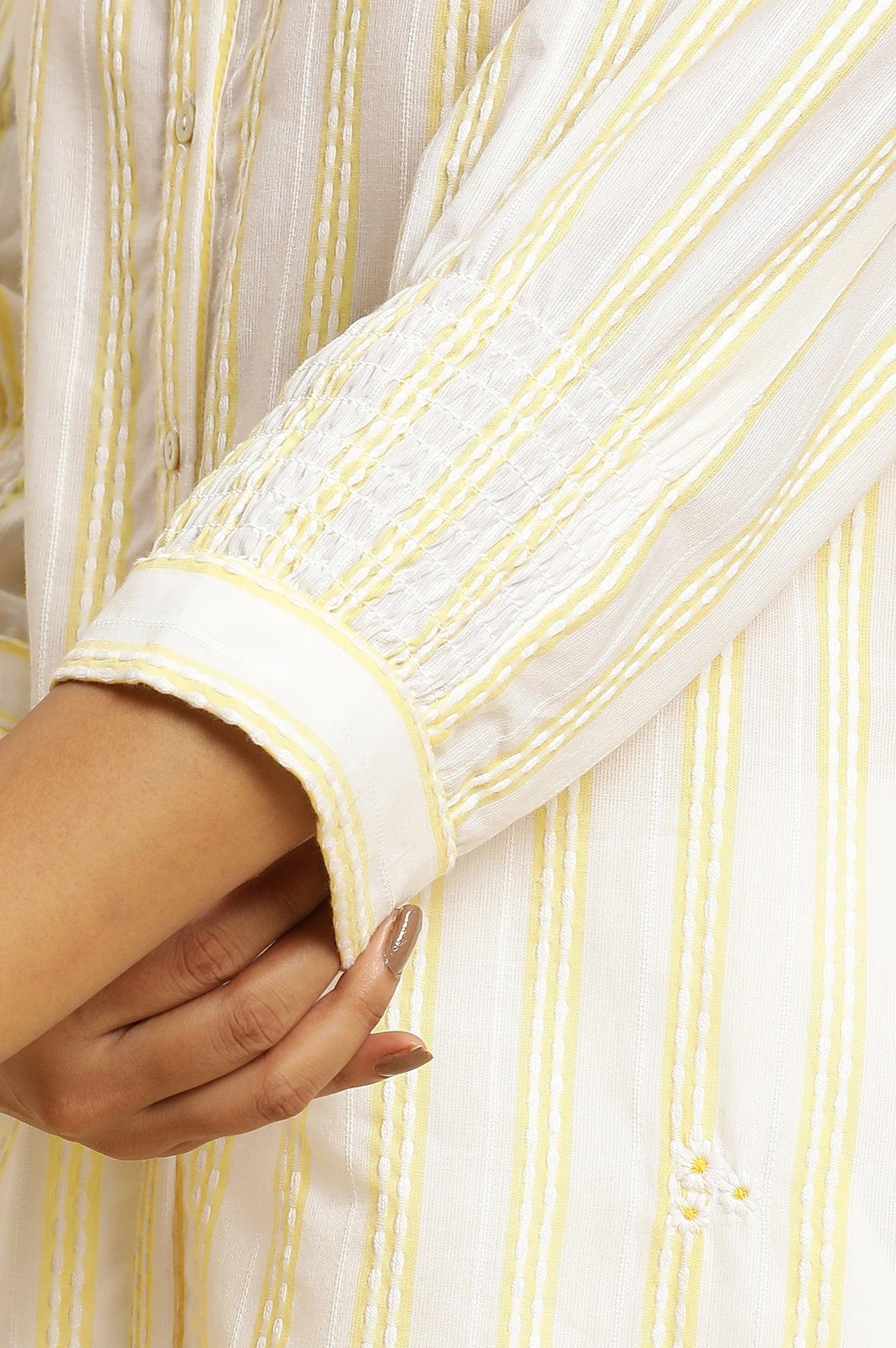 Ecru Stripe Printed Tunic With Floral Thread Embroidery - Image 7