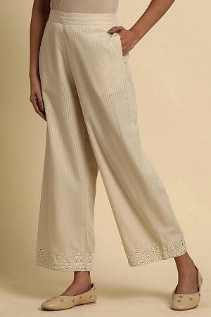 Ecru Striper Pants With Thread & Mirror Work - Image 2