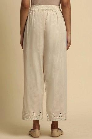 Ecru Striper Pants With Thread & Mirror Work - Image 3