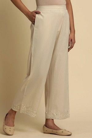 Ecru Striper Pants With Thread & Mirror Work - Image 4