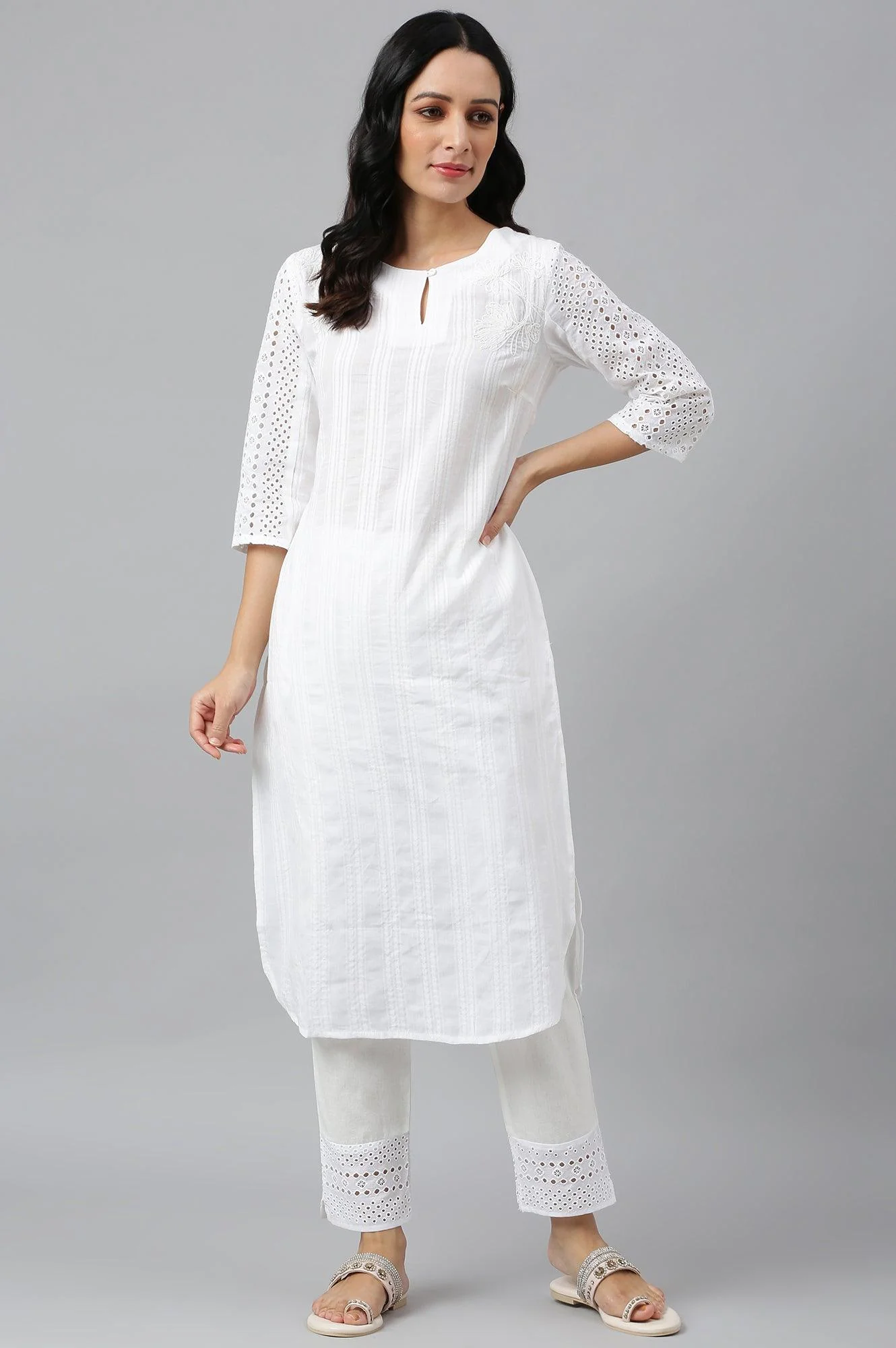 Ecru Textured Schiffli kurta With Pants Set