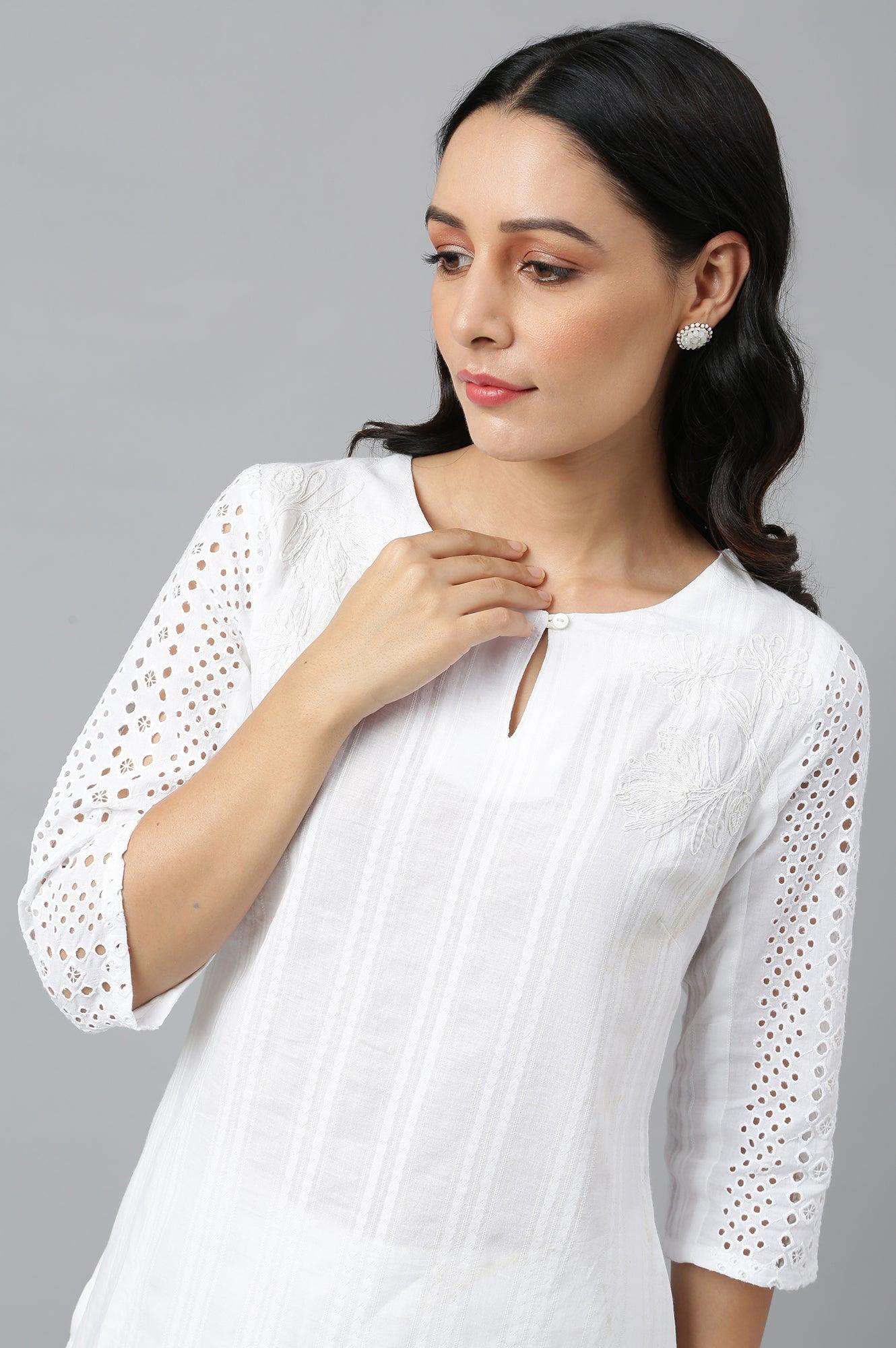 Ecru Textured Schiffli kurta With Pants Set - Image 10