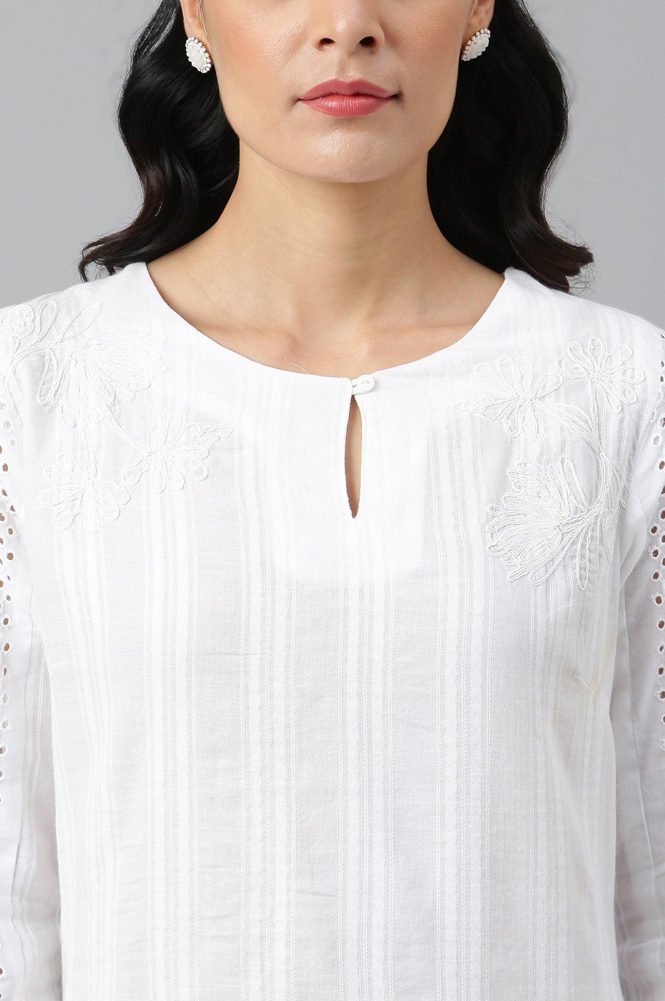 Ecru Textured Schiffli kurta With Pants Set - Image 9