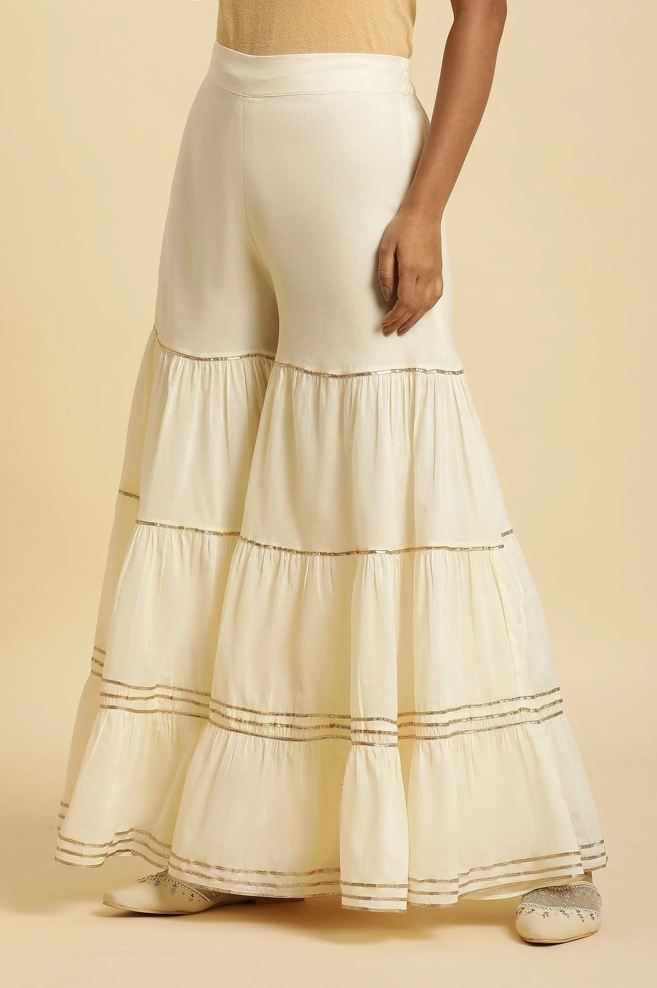 Ecru Tiered Cotton Sharara With Gota - Image 2