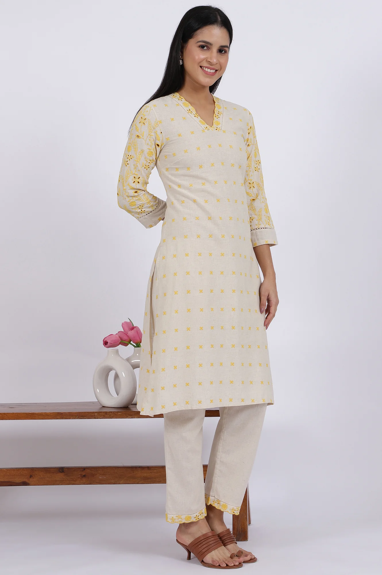 Beige Embroidered Lace Cotton Blend Straight Kurta & Straight Pant Set - Image 7