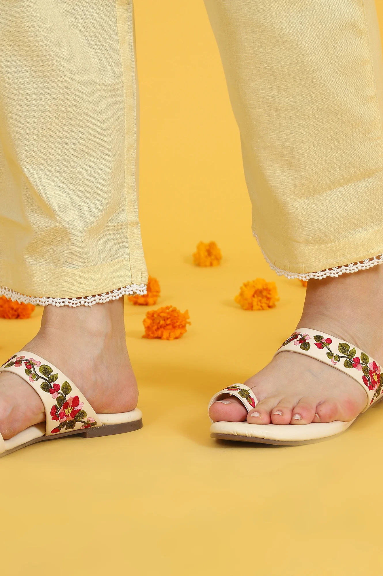 Yellow Embroidered Lace Kota Straight Kurta & Straight Pant With Dupatta Set - Image 10