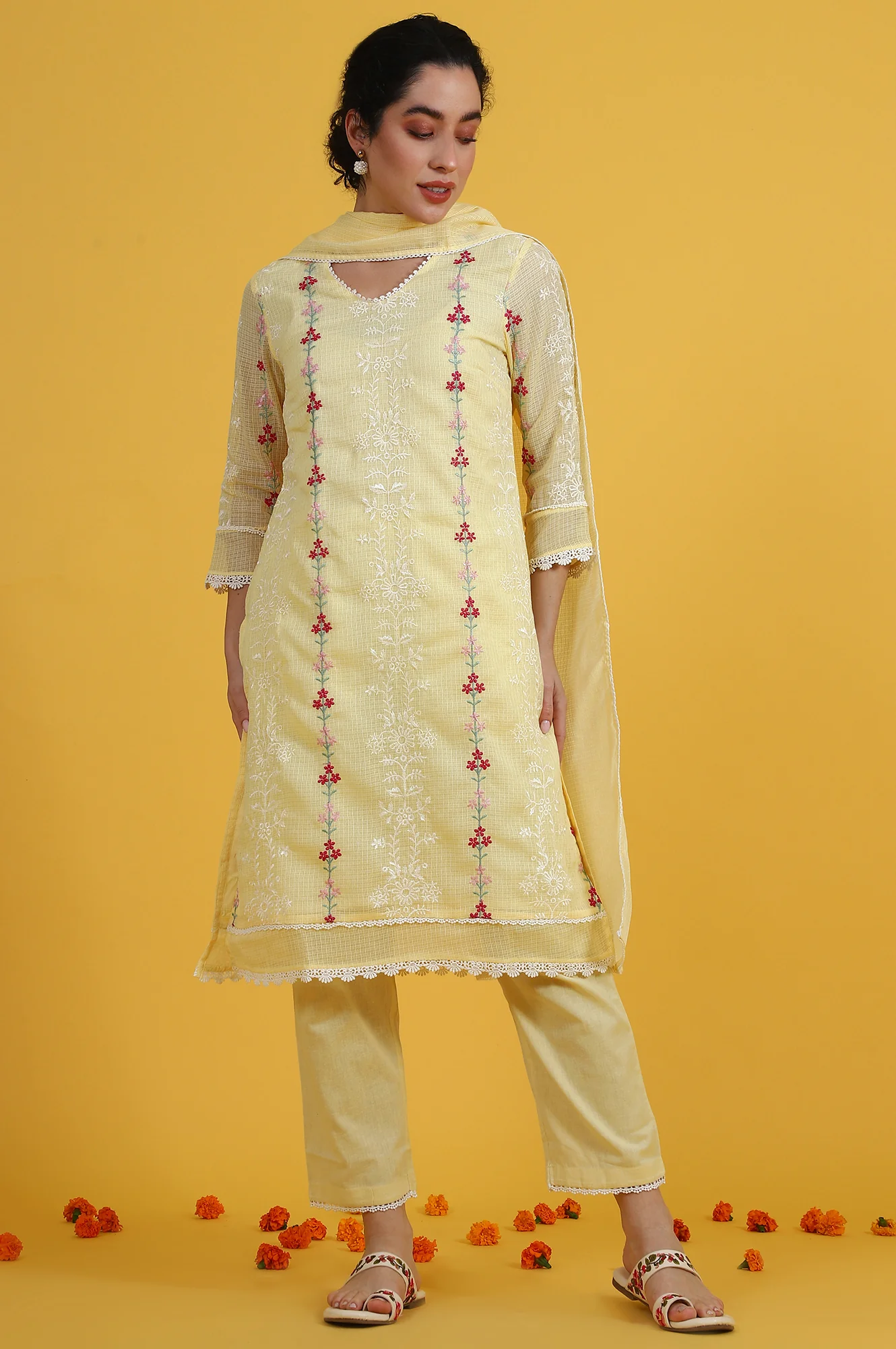 Yellow Embroidered Lace Kota Straight Kurta & Straight Pant With Dupatta Set - Image 3