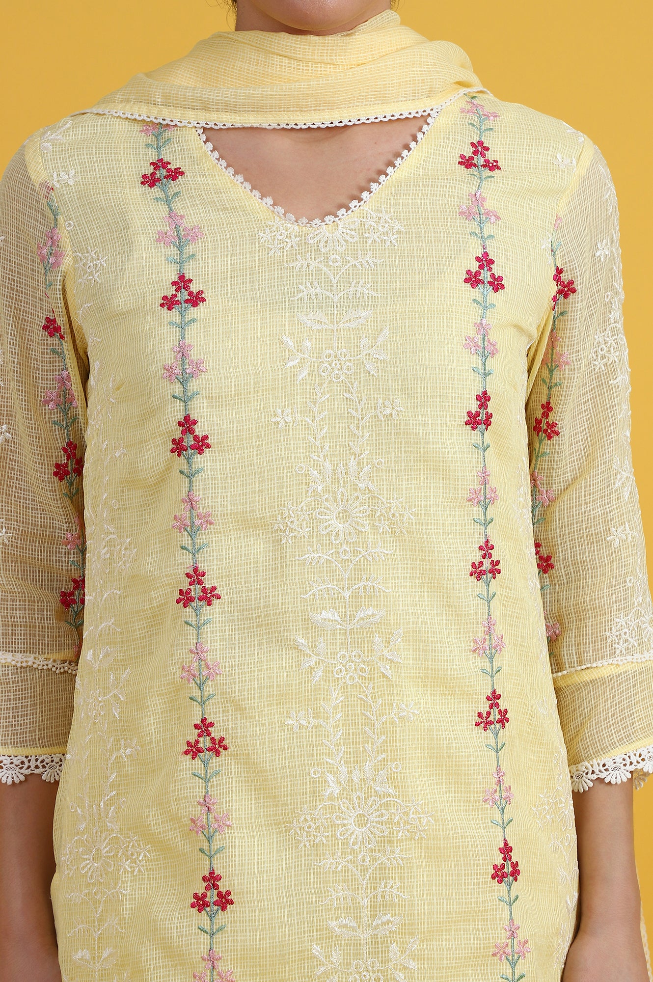 Yellow Embroidered Lace Kota Straight Kurta & Straight Pant With Dupatta Set - Image 4