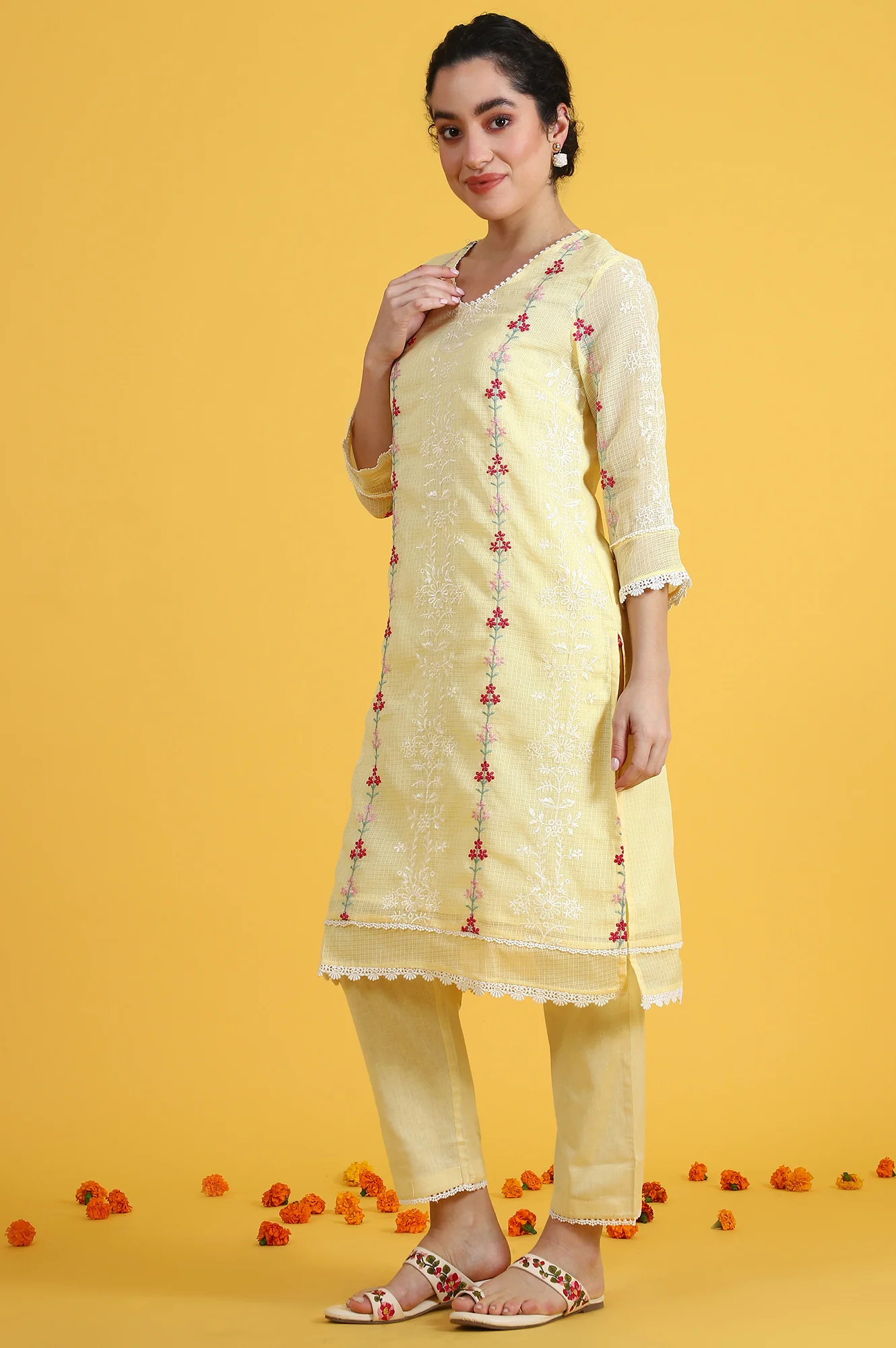 Yellow Embroidered Lace Kota Straight Kurta & Straight Pant With Dupatta Set - Image 5