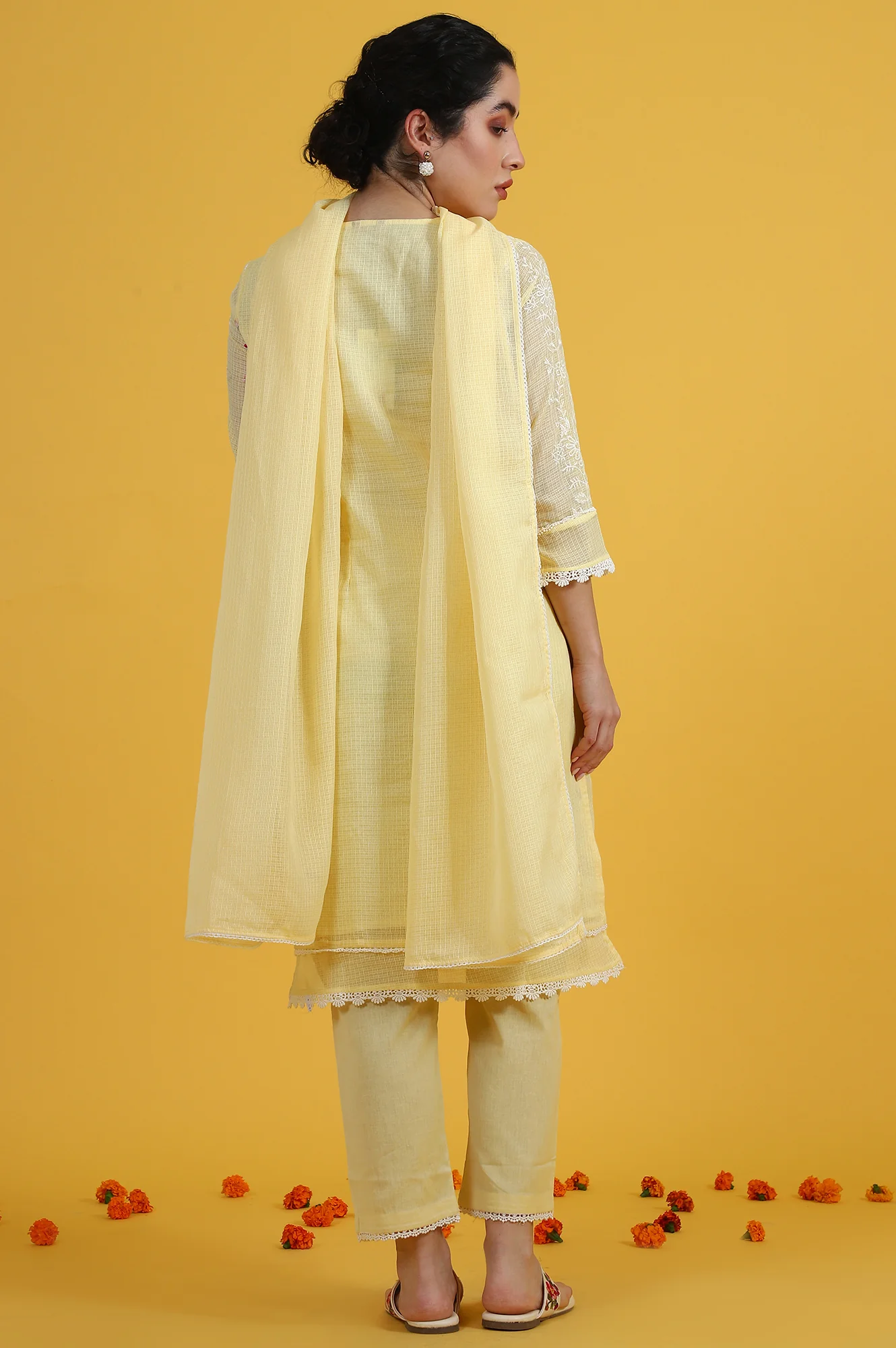 Yellow Embroidered Lace Kota Straight Kurta & Straight Pant With Dupatta Set - Image 6