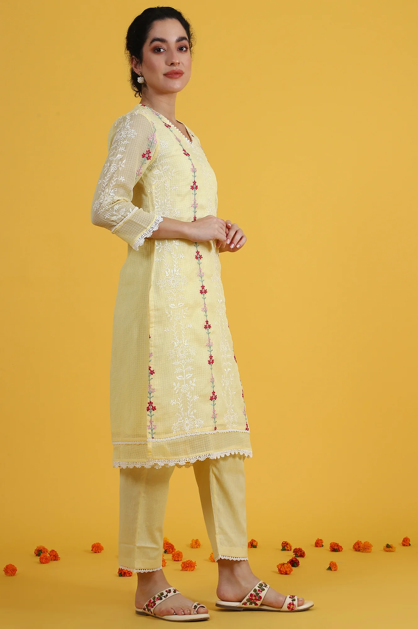 Yellow Embroidered Lace Kota Straight Kurta & Straight Pant With Dupatta Set - Image 7