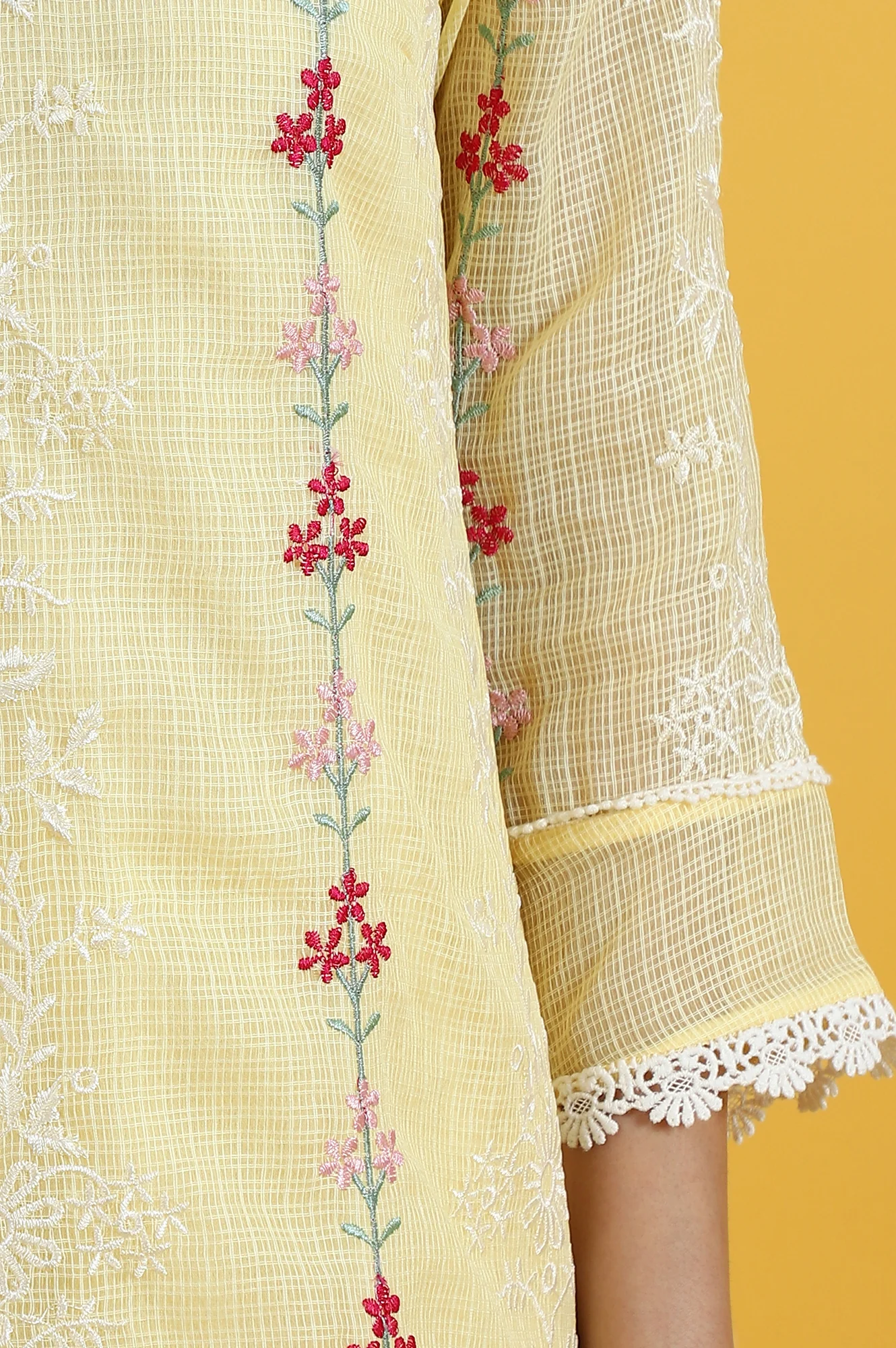 Yellow Embroidered Lace Kota Straight Kurta & Straight Pant With Dupatta Set - Image 8