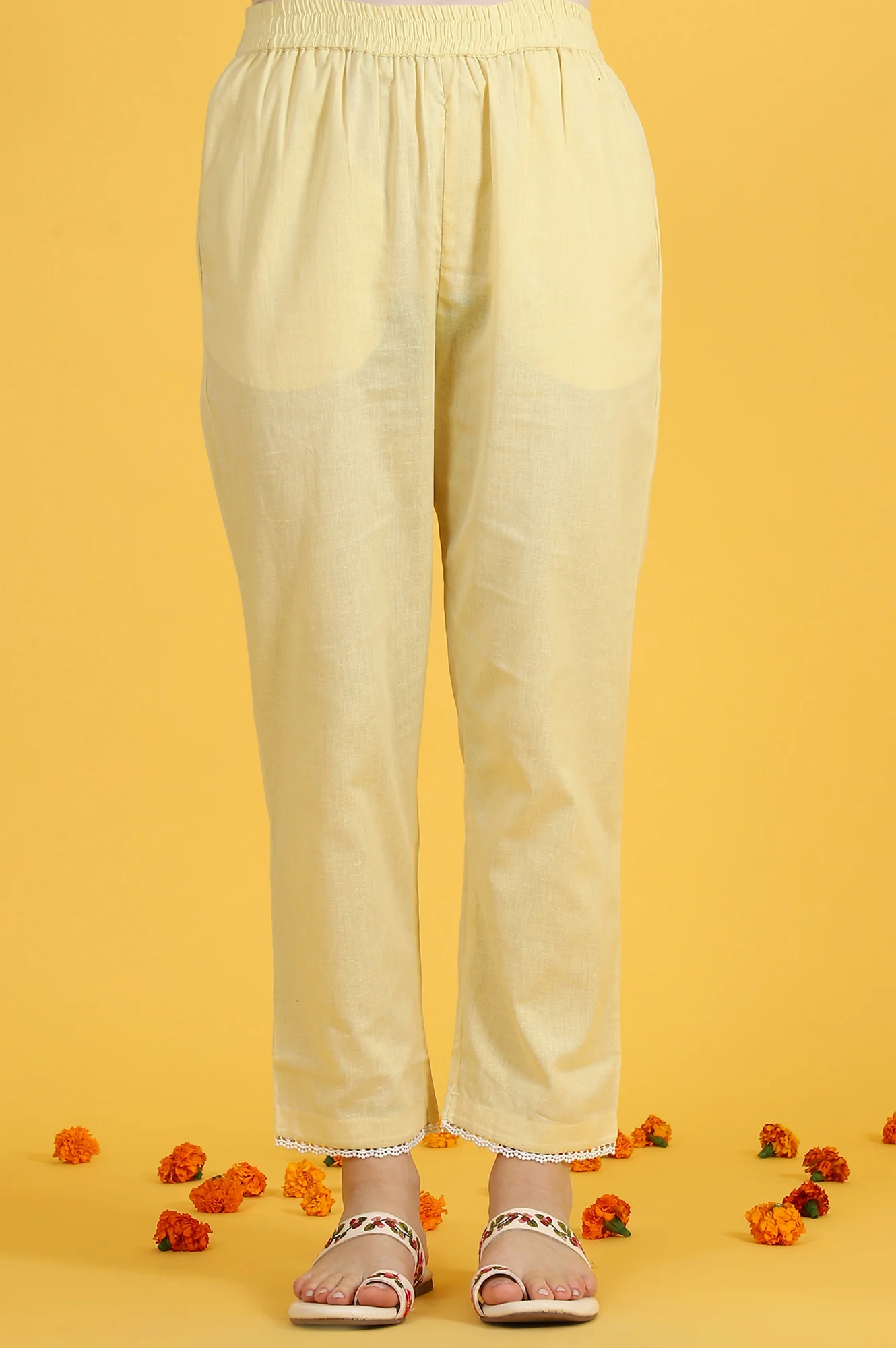 Yellow Embroidered Lace Kota Straight Kurta & Straight Pant With Dupatta Set - Image 9