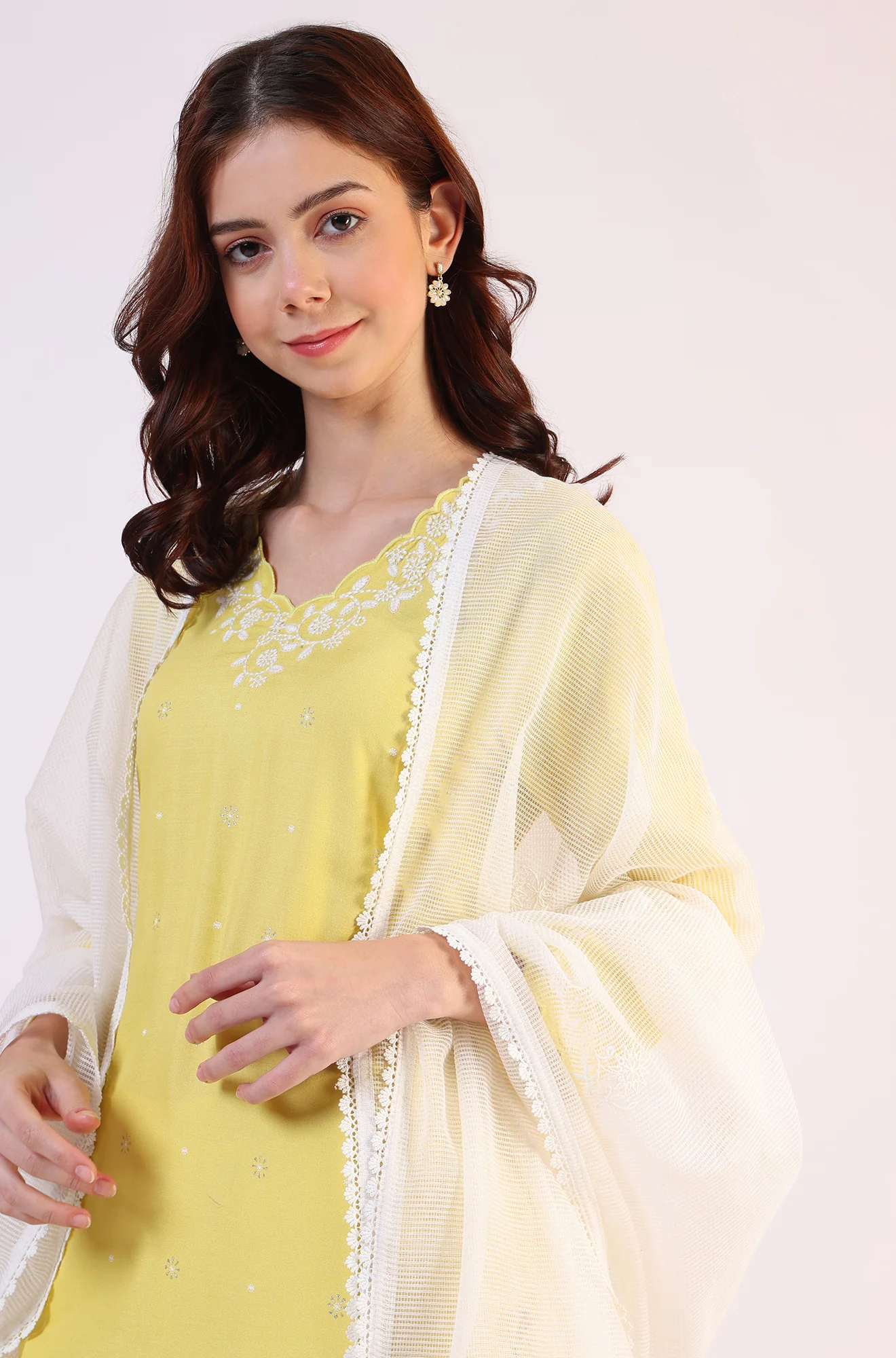 White Embroidered Lace Nylon Dupatta - Image 5