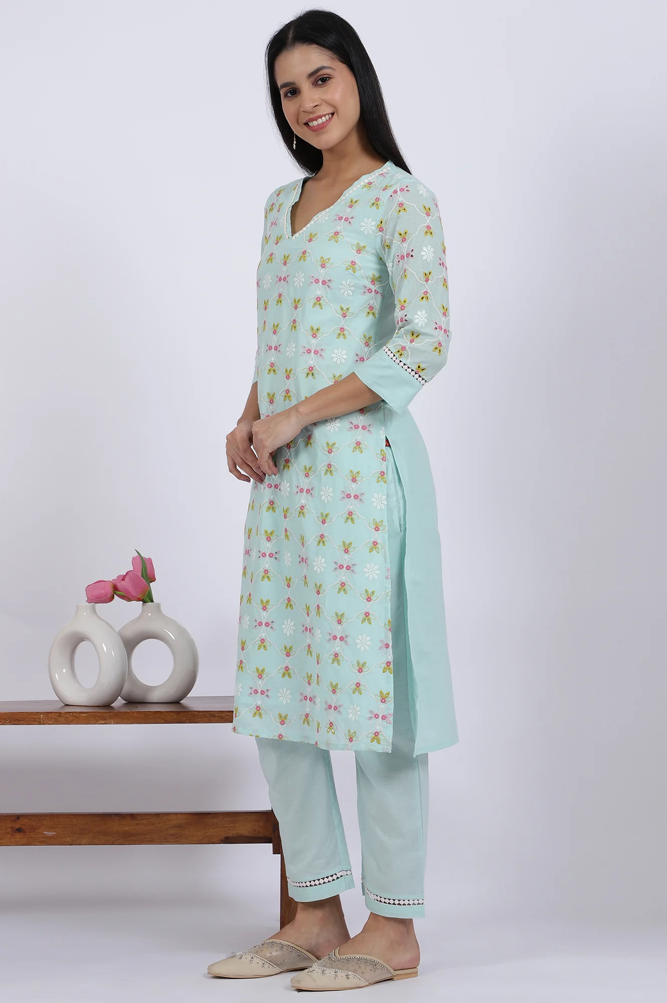 Blue Embroidered Lace Pure Cotton Straight Kurta & Straight Pant Set - Image 5