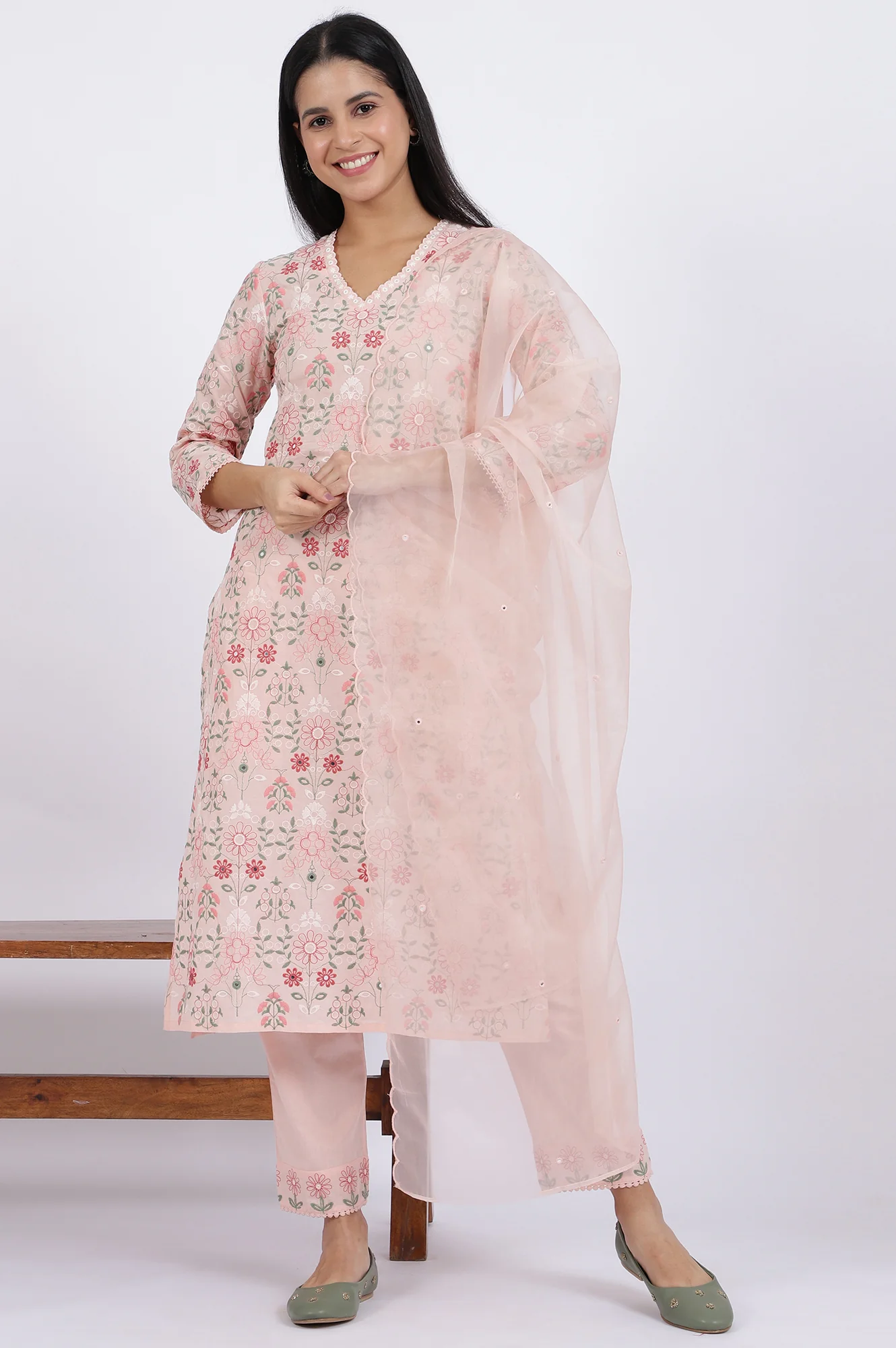Pink Embroidered Lace Pure Cotton Straight Kurta & Straight Pant With Dupatta Set - Image 3