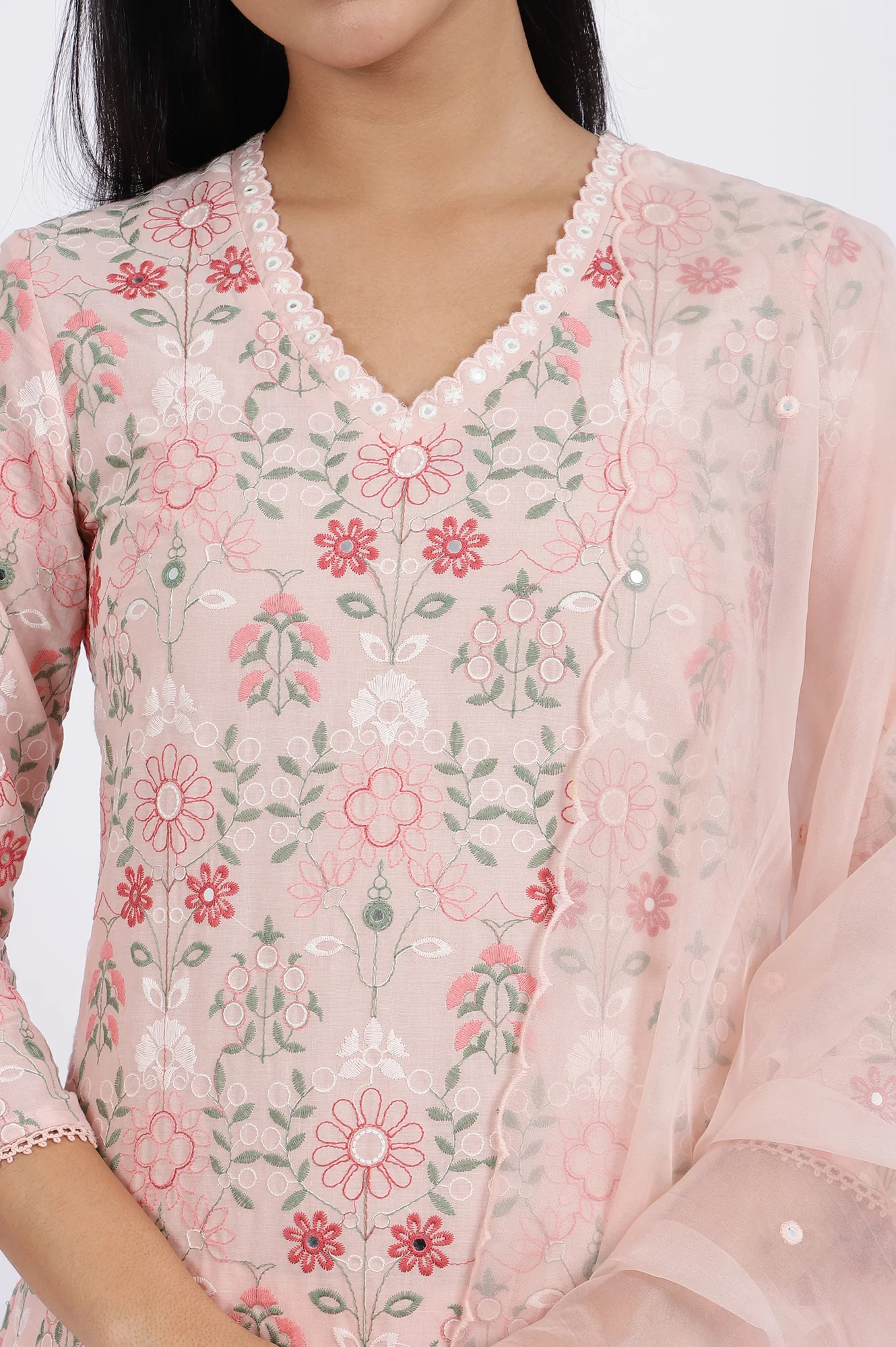Pink Embroidered Lace Pure Cotton Straight Kurta & Straight Pant With Dupatta Set - Image 4