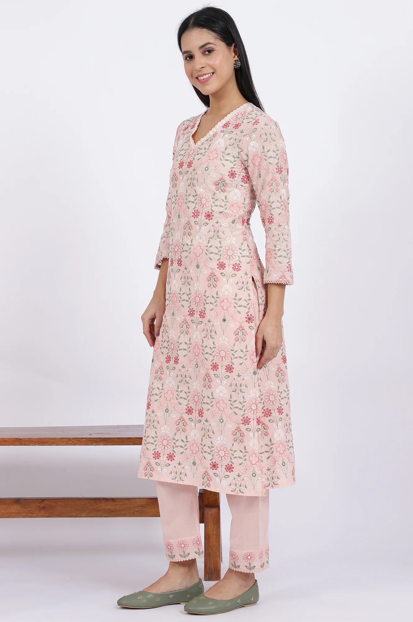 Pink Embroidered Lace Pure Cotton Straight Kurta & Straight Pant With Dupatta Set - Image 5