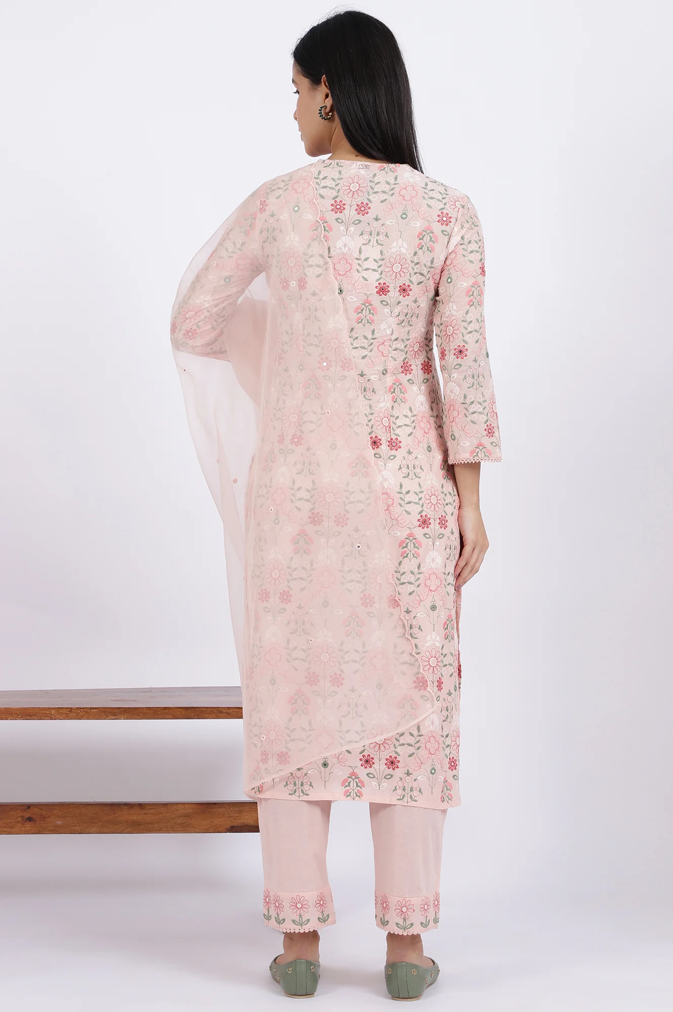 Pink Embroidered Lace Pure Cotton Straight Kurta & Straight Pant With Dupatta Set - Image 6