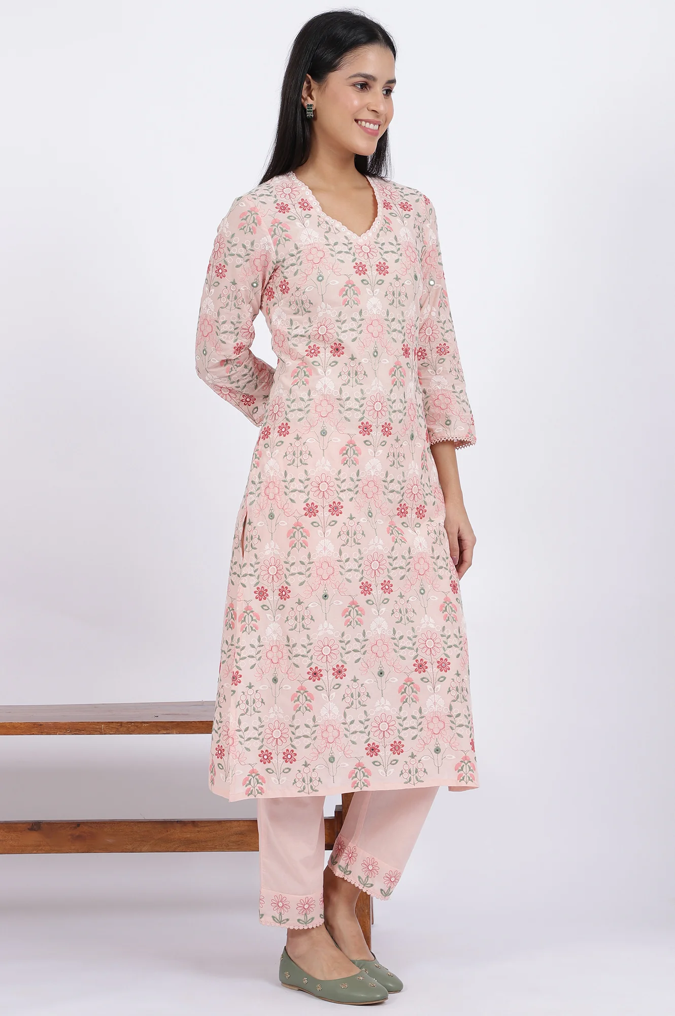 Pink Embroidered Lace Pure Cotton Straight Kurta & Straight Pant With Dupatta Set - Image 7