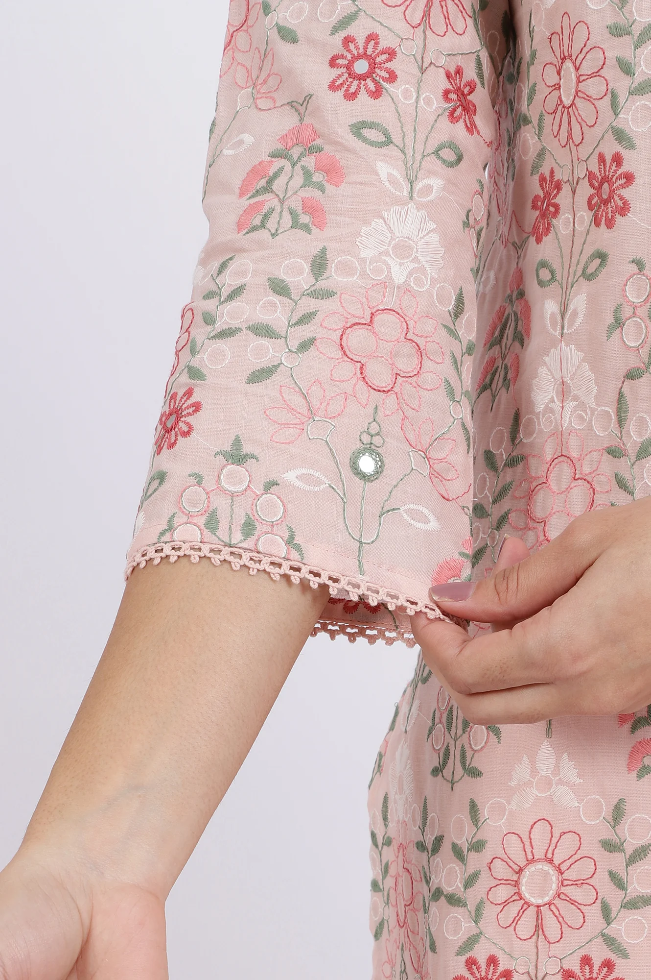 Pink Embroidered Lace Pure Cotton Straight Kurta & Straight Pant With Dupatta Set - Image 8