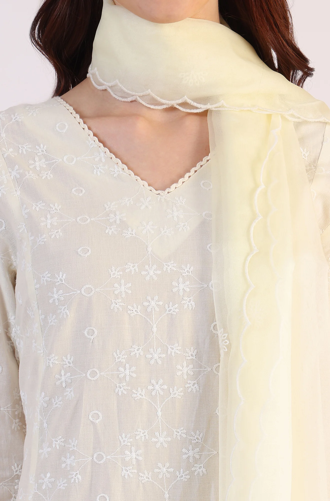 White Embroidered Lace Straight Pure Cotton Kurta & Straight Pant With Dupatta Set - Image 3